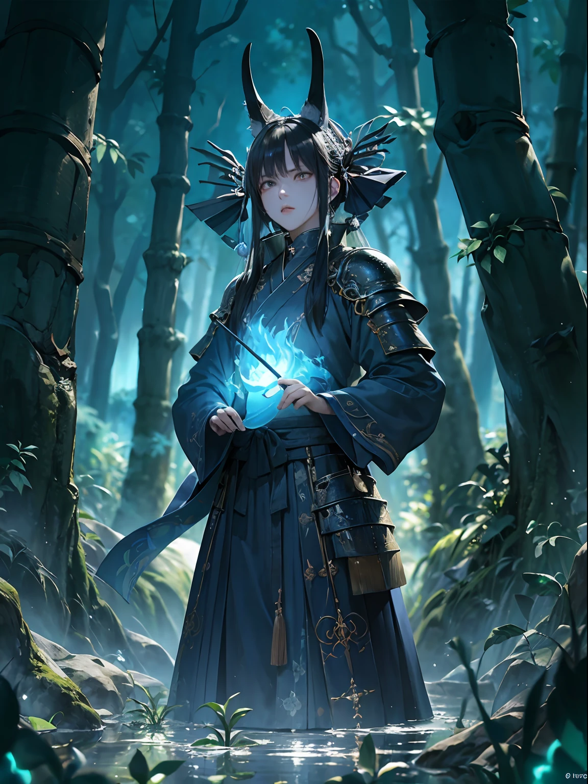 A young male teenager with half japanese ghost mask holds blue fire, wears japanese black light armor, in the dark forest, cinematic lighting, depth of field, glowing light, ray tracing, reflection light, close-up, masterpiece, masterpiece, high quality, best quality, high details, ccurate, anatomically correct, textured skin, UHD, highres, 1080P