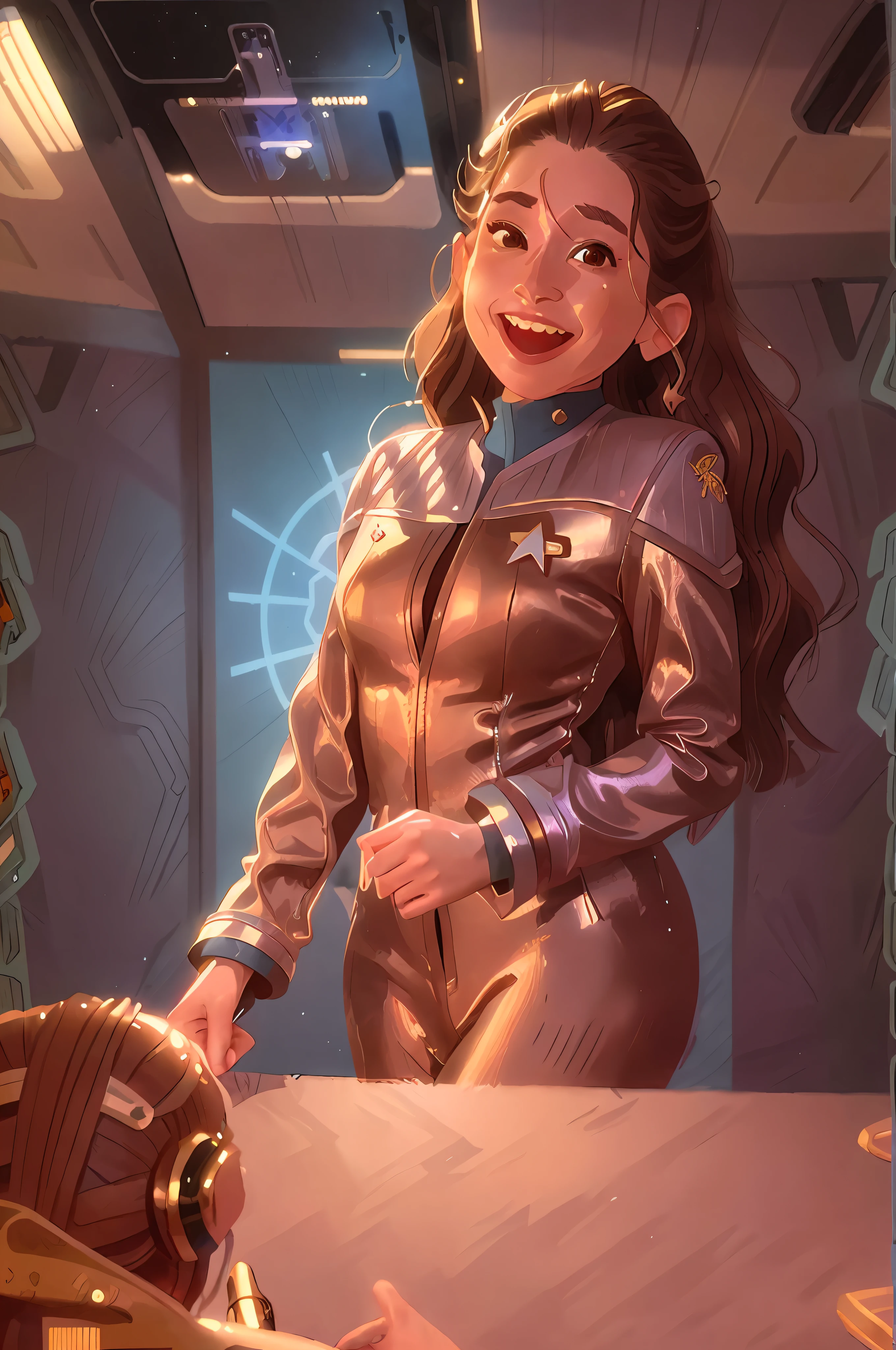 a Sorayama Style, metallic skin, beautiful wavy hair, 8k portrait of a squadron girl wearing chrome jacket, star trek enterprise jacket with badges and lapels, star wars, smiling showing teeth, award winning, masterpiece, sorayama illustration, ornamental