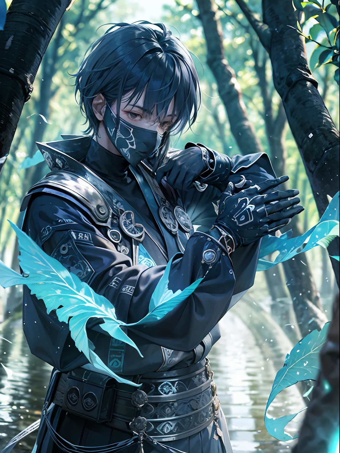 A young male ager with half japanese ghost mask holds blue fire, wears japanese black light armor, in the dark forest, cinematic lighting, depth of field, glowing light, ray tracing, reflection light, close-up, masterpiece, masterpiece, high quality, best quality, high details, ccurate, anatomically correct, textured skin, UHD, highres, 1080P