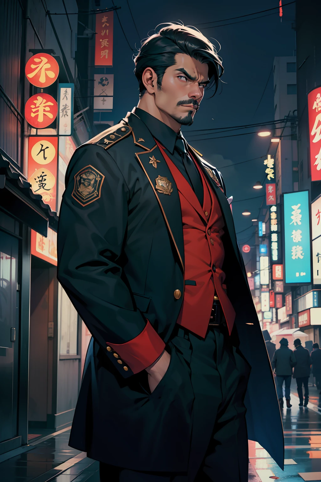 ((melhor qualidade)), ((obra-prima)), (altamente detalhado:1.3) homem adulto, maduro , investigador policial, asiatic, japanese, detetive, cabelos pretos com a mechas grisalhas na lateral, serious eyes, usando um terno preto elegante, Serious and tired look, On the streets of Tokyo at night, mystery atmosphere, suspense