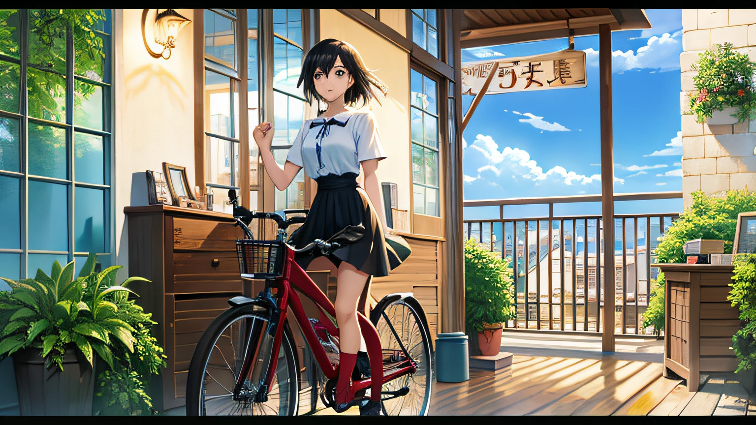 (tmasterpiece,best qualtiy), intricately details, 8K, art stations, the wallpaper, offcial art, splashart, tack sharp focus,Anime scene of a woman riding a bike in front of a store, ( ( Makoto Shinkai ) ), anime movie screenshot, Makoto Shinkai's style, in the style of makoto shinkai, Shinkai sincerely, ghibli studio anime style, Makoto Shinkai. —h 2160, with subtitles, makoto shinkai movie, Your name