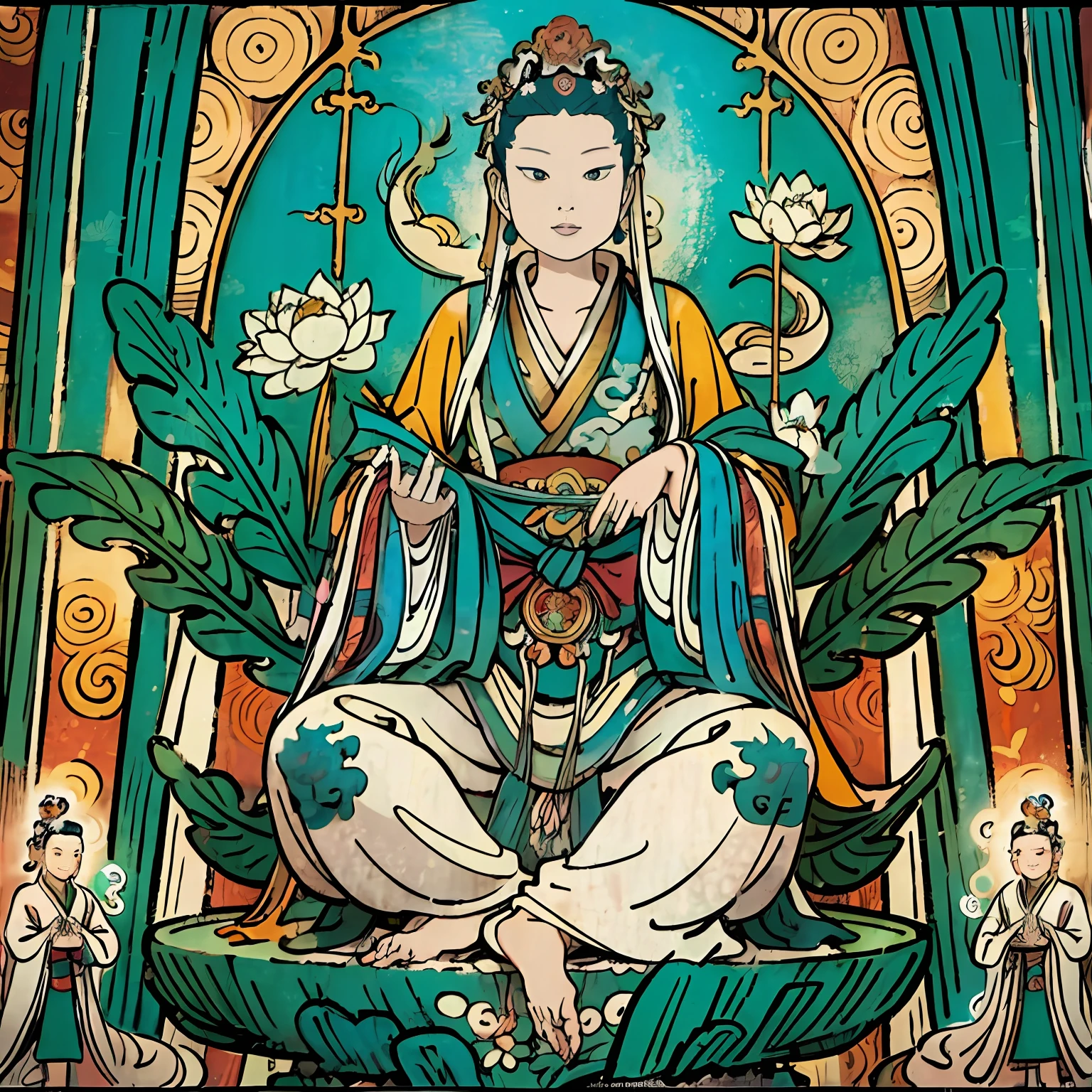 Guanyin in white sits on a lotus throne, White Guanyin Bodhisattva, Bai Guanyin, lotus flowers in the foreground, Clear fingers, Clear and distinctive toes, Clear and vivid facial features,jewelry, leafs,Oriental dragon in the background