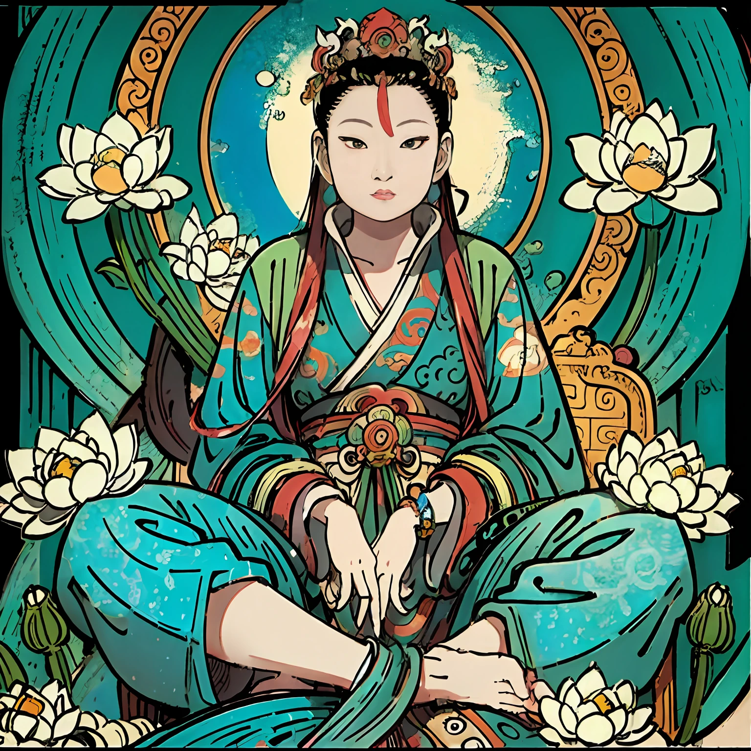 Guanyin in white sits on a lotus throne, White Guanyin Bodhisattva, Bai Guanyin, lotus flowers in the foreground, Clear fingers, Clear and distinctive toes, Clear and vivid facial features,jewelry, leafs,Oriental dragon in the background