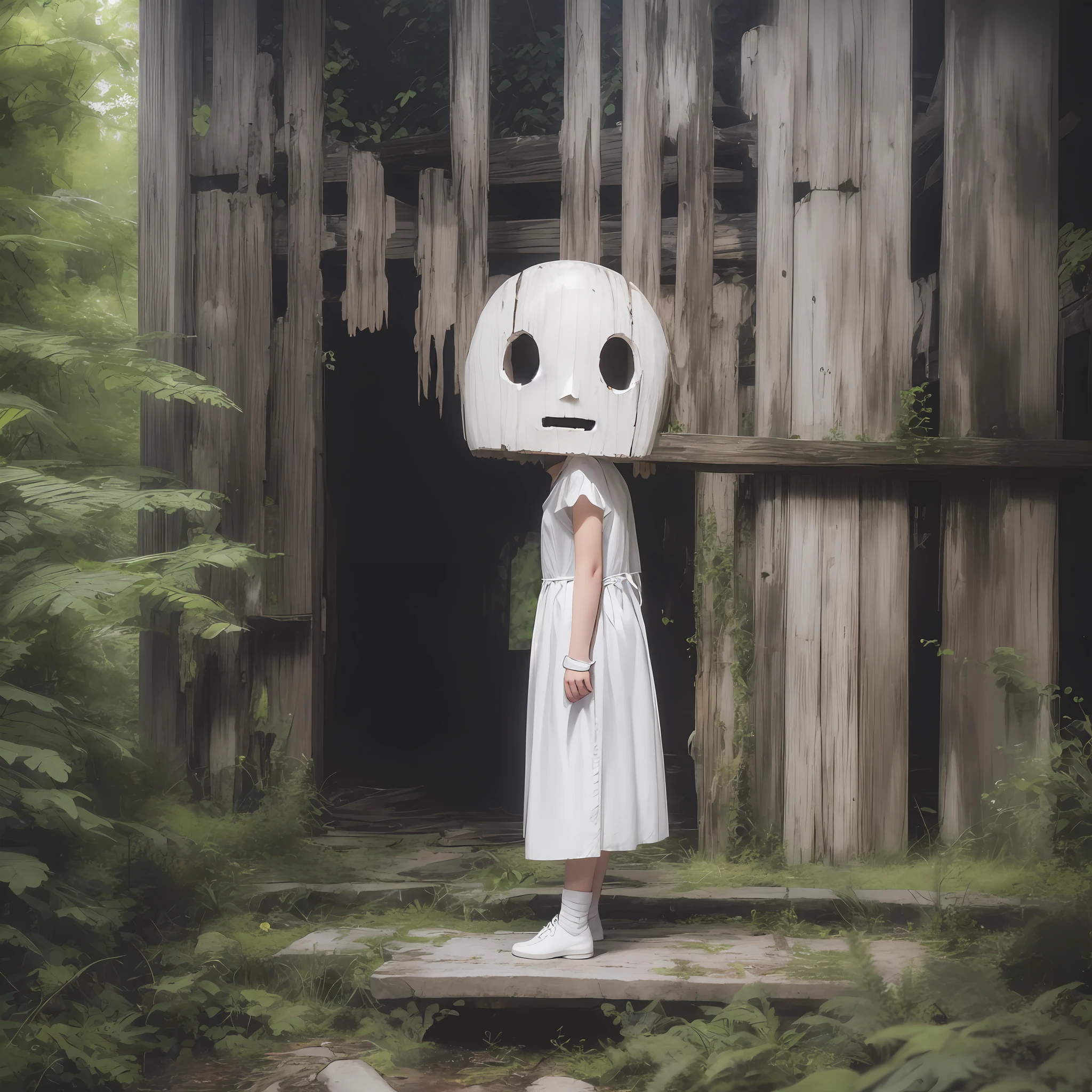 In a wooden ruin、Faceless smiling girl creepily、White face without eyes、