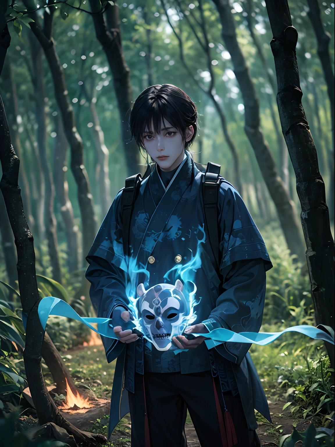 A young male teenager with half japanese ghost mask holds blue fire, wears japanese black light armor, in the dark forest, cinematic lighting, depth of field, glowing light, ray tracing, reflection light, close-up, masterpiece, masterpiece, high quality, best quality, high details, ccurate, anatomically correct, textured skin, UHD, highres, 1080P