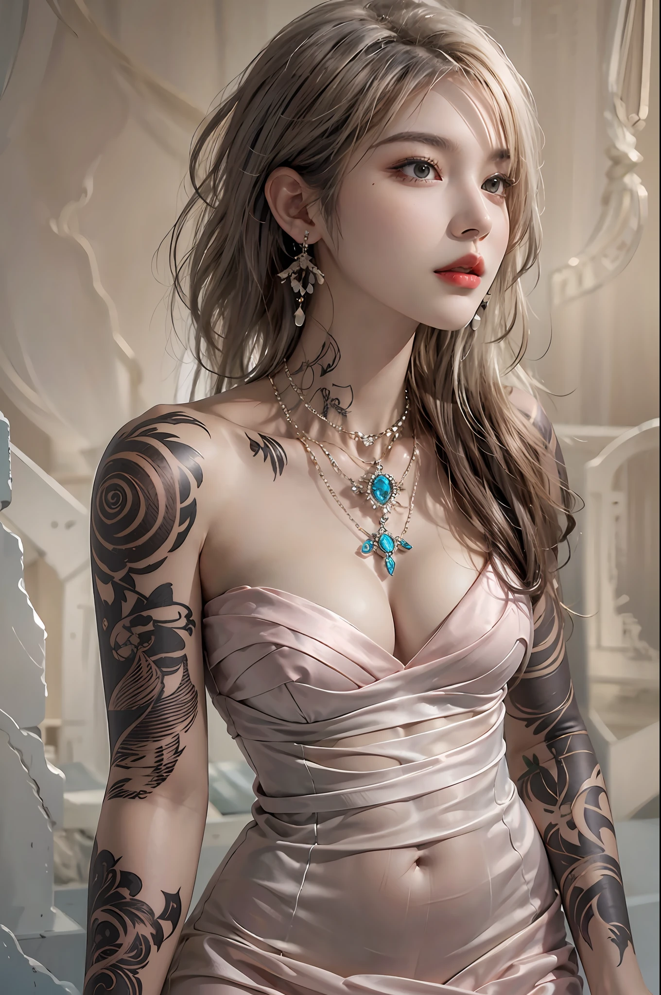 photorealistic, high resolution, 1women, solo, hips up, look at viewer, (detailed face), superstar dress, tattoo, jewelry
