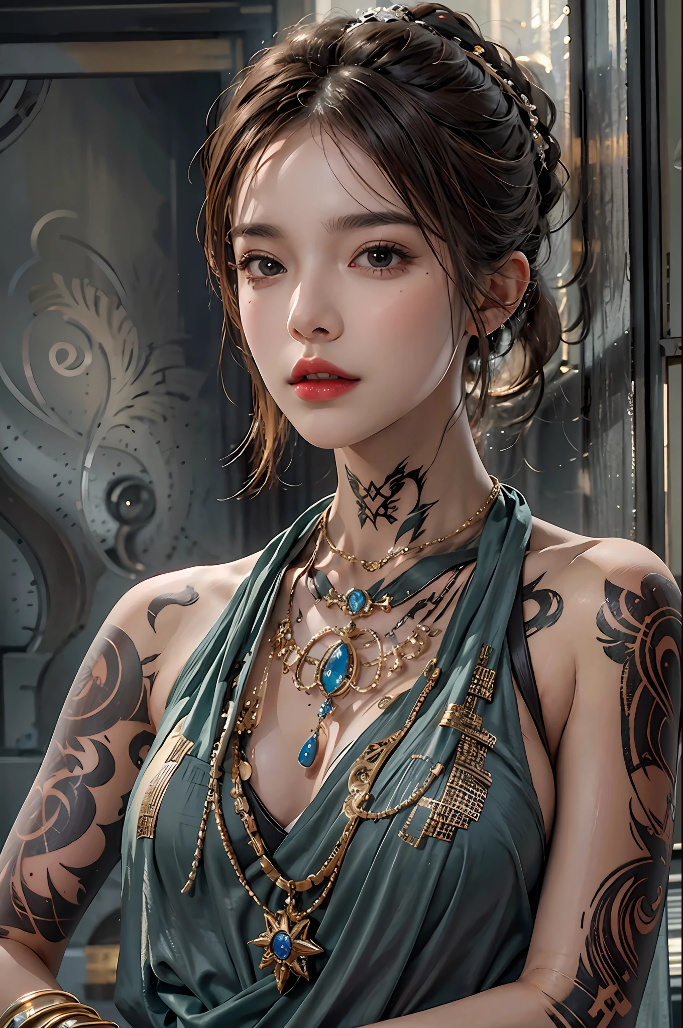 photorealistic, high resolution, 1women, solo, hips up, look at viewer, (detailed face), superstar dress, tattoo, jewelry