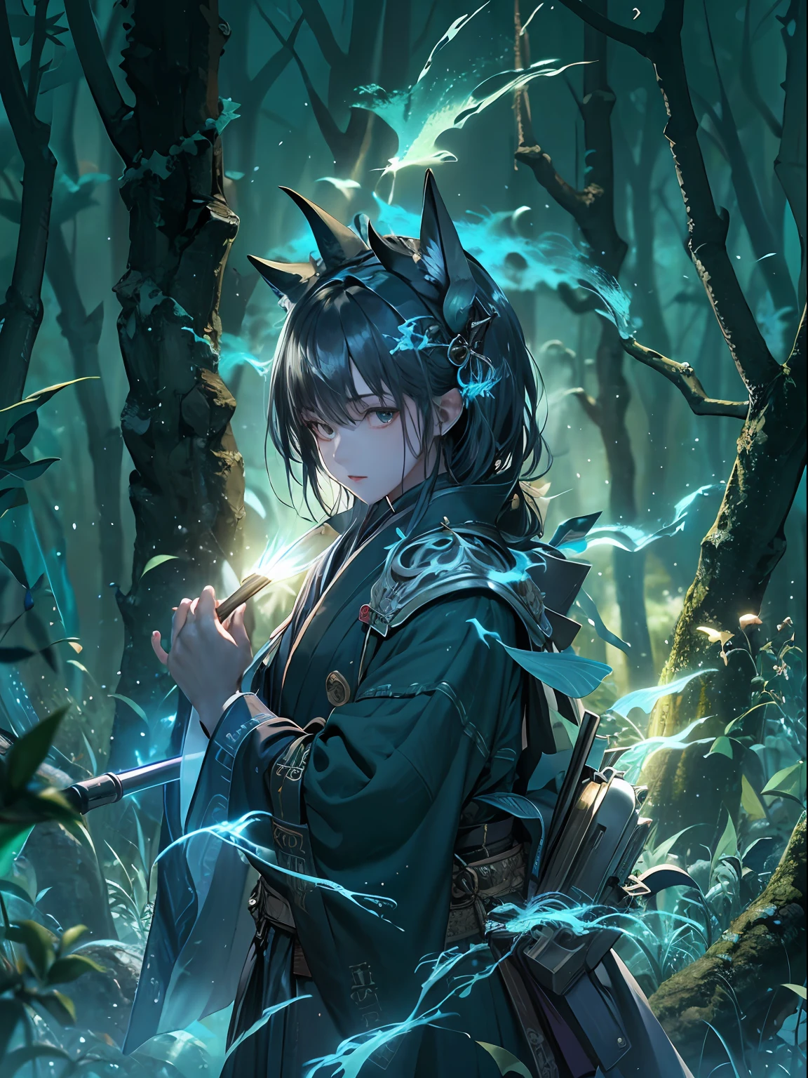 A young male ager with half japanese ghost mask holds blue fire, wears japanese black light armor, in the dark forest, cinematic lighting, depth of field, glowing light, ray tracing, reflection light, close-up, masterpiece, masterpiece, high quality, best quality, high details, ccurate, anatomically correct, textured skin, UHD, highres, 1080P