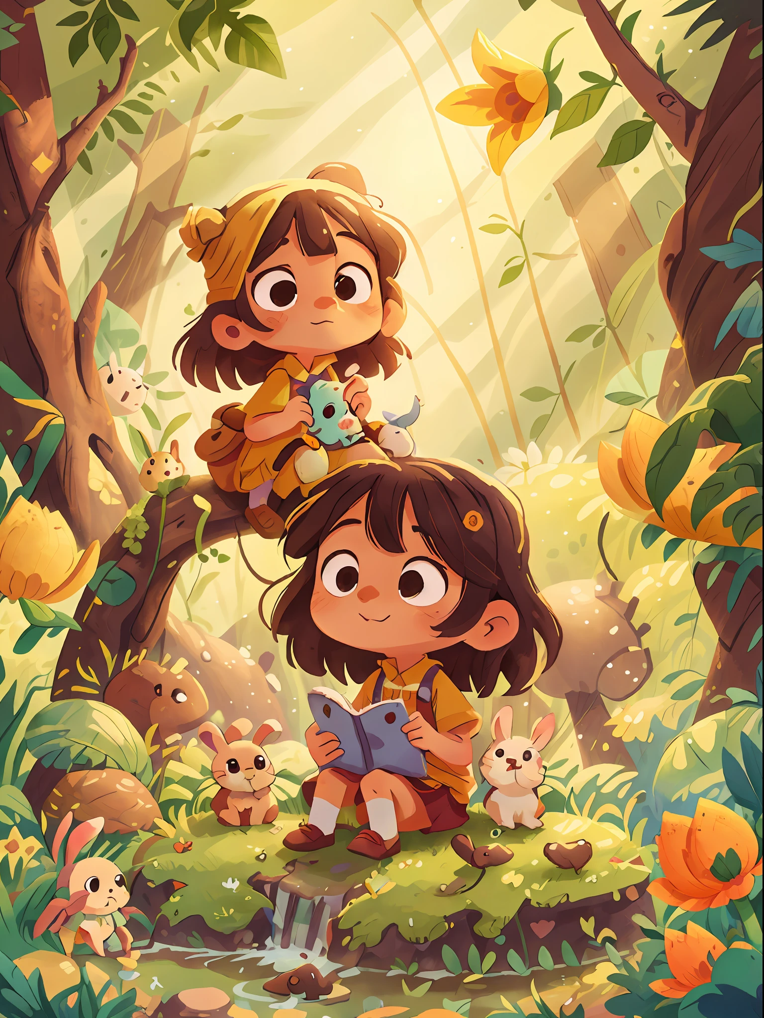 Little hijab girl and her rabbit, sitting in the wood, at jungle, waterfall, sunflower, at the sunny day, The illustration is a high-definition illustration in 4K resolution with highly detailed facial features and cartoon-style visuals.