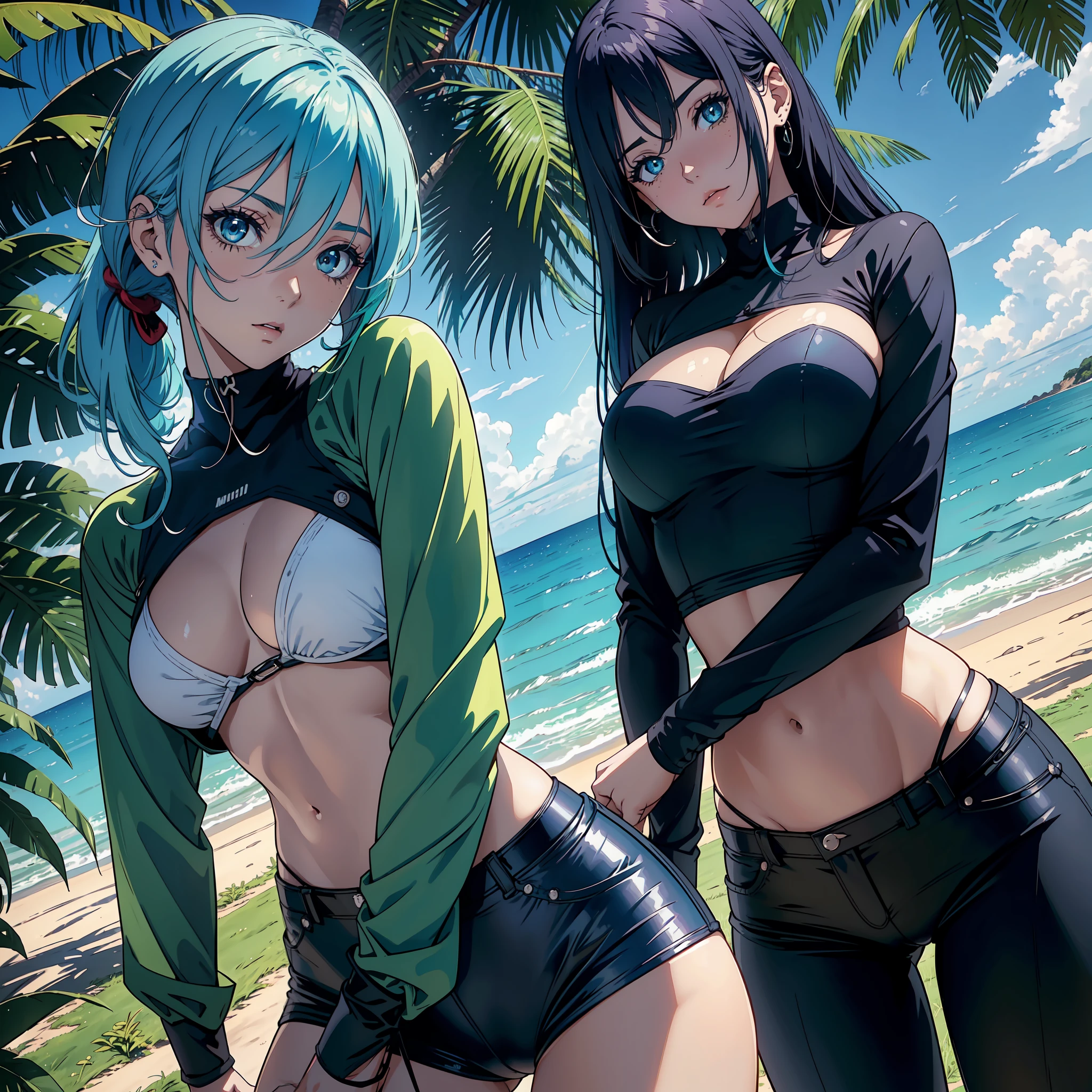 "(1 mulher bonita), sedutora, cabelo azul, olhos verde, camisa transparente, (Estilo anime 8k), (imagem ultra detalhada), (corpo meticulosamente detalhada, with amazing textures and shadows)"