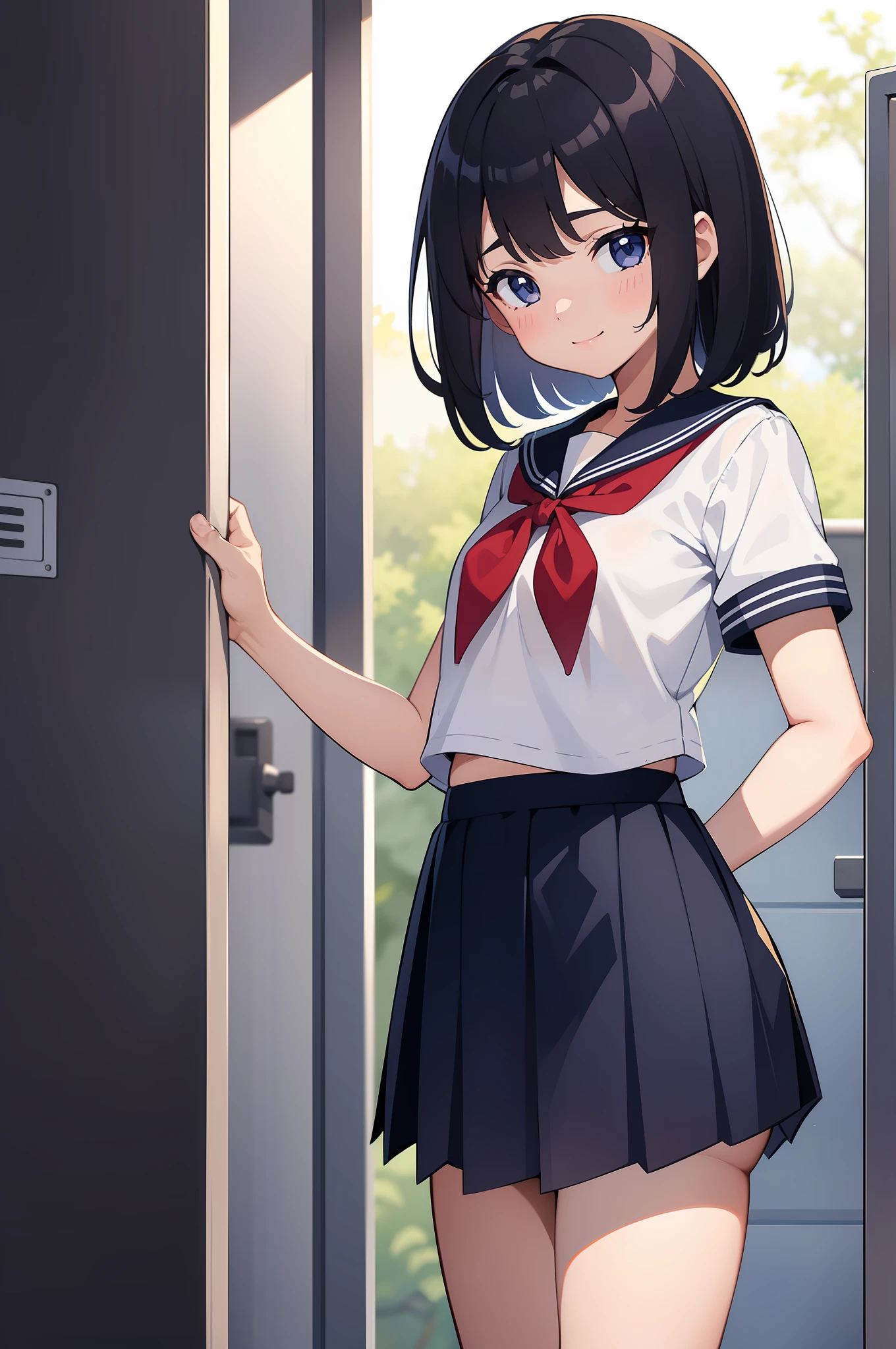 8years old　Elementary school girl　flat chest　A dark-haired　a short bob　1 persons　Shy smile　summer clothing　Dark blue school uniform　early evening　School Changing Rooms　　Stand in front of the locker　Skirt is pulled up　White panties for toddlers　I can see panties