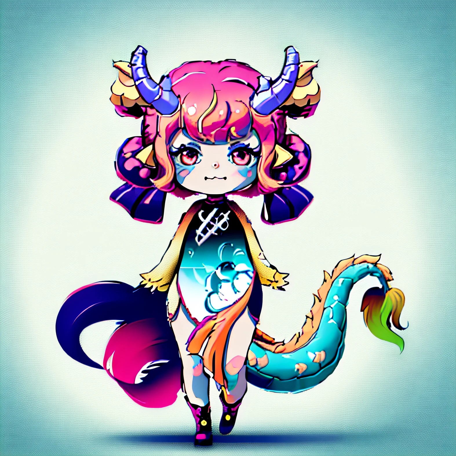 A painting of a girl with horns and a tail, Macaron color scheme，full body adoptable, character adoptable, chibi monster girl, tchibi, Simple lines of art, a mythical creature, low res, Outline sketch, Sketchy, stylized linework, linear art, mythological creatures, full body concept, long tail with horns, as an anthropomorphic dragon