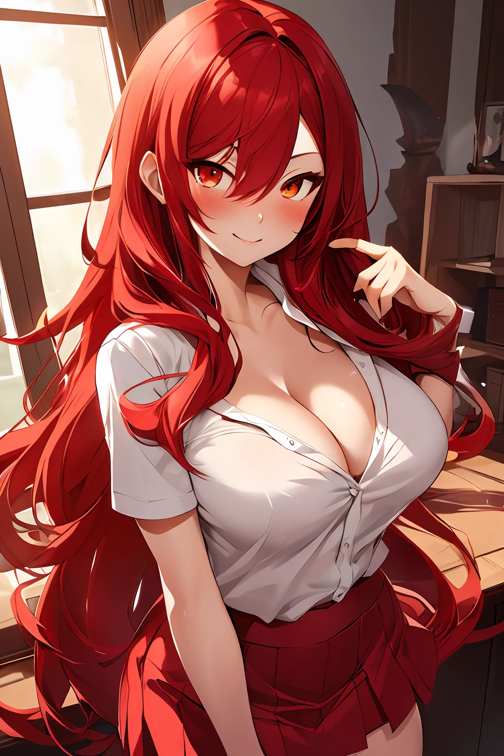 1 anime girl, red hair, black and red skirt, white short shirt, breasts, cleavage, golden eyes, ray tracing, very long hair, masterpiece, hair between eyes, blush, partialy nude, sexy
