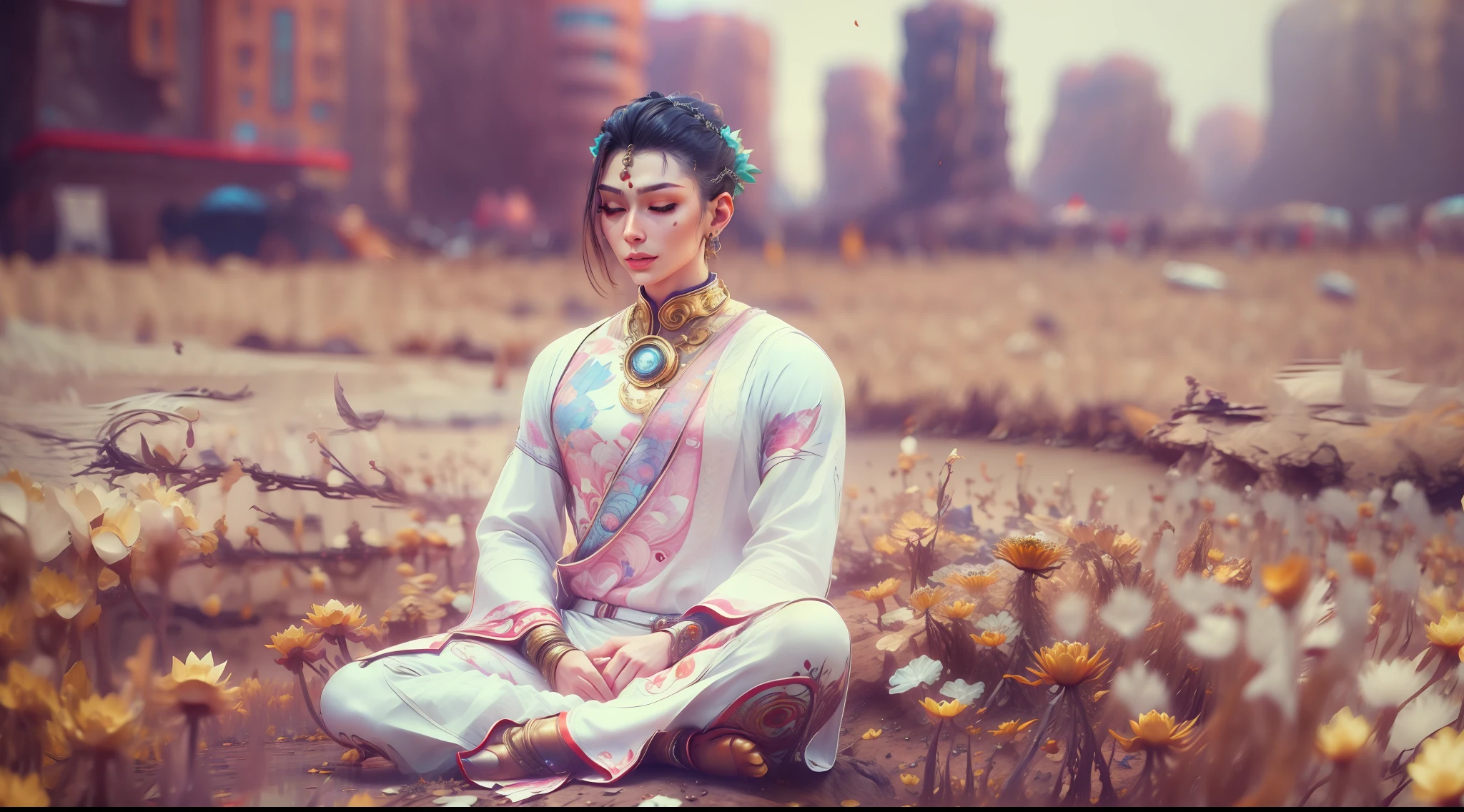 Handsome guy in a white shirt,White giant lotus,Sit and meditate in a lotus pose,Look at the audience with your eyes closed,raised head,Floating on the ground,cheerfulness,A slight smil,realisticlying,Bokeh,light particules,very highly detailed background,detailed face with,Detailed and complex busy background,Untidy,opulent,milkyW,Highly detailed hands,Realistic details of skin,Visible Pore,tack sharp focus,volume fog,8K UHD,digital SLR camera,high qulity,filmgrain,White skin of the,photo-realism,lomo graphy,Huge metropolis in a dystopia of the future , look from down