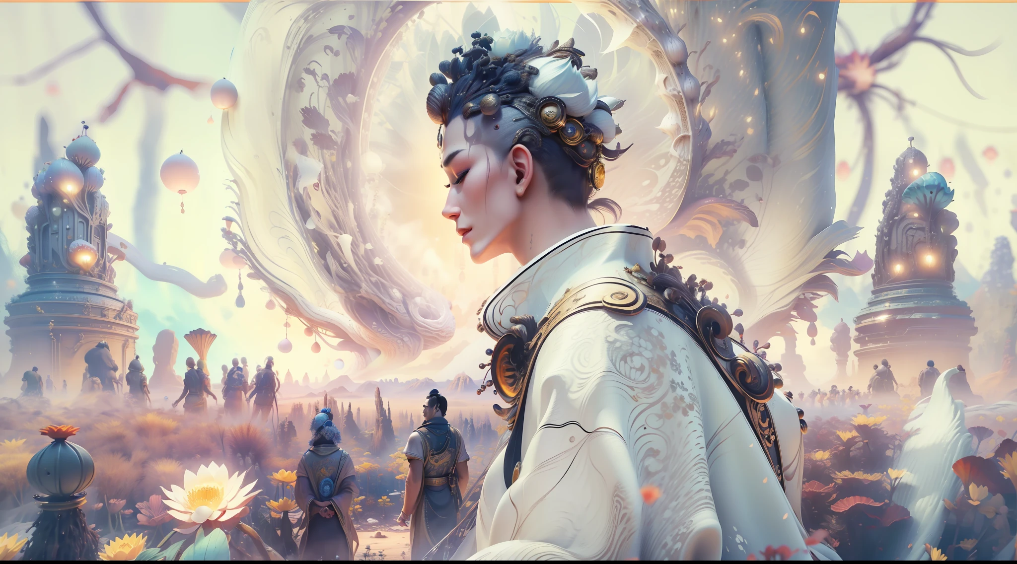 Handsome guy in a white shirt，White giant lotus，Sit and meditate in a lotus pose，Look at the audience with your eyes closed，raised head，Floating on the ground，cheerfulness，A slight smil，realisticlying，Bokeh，light particules，very highly detailed background，detailed face with，Detailed and complex busy background，Untidy，opulent，milkyW，Highly detailed hands，Realistic details of skin，Visible Pore，tack sharp focus，volume fog，8K  UHD，digital SLR camera，high qulity，filmgrain，White skin of the，photo-realism，lomo graphy，Huge metropolis in a dystopia of the future , look from down
