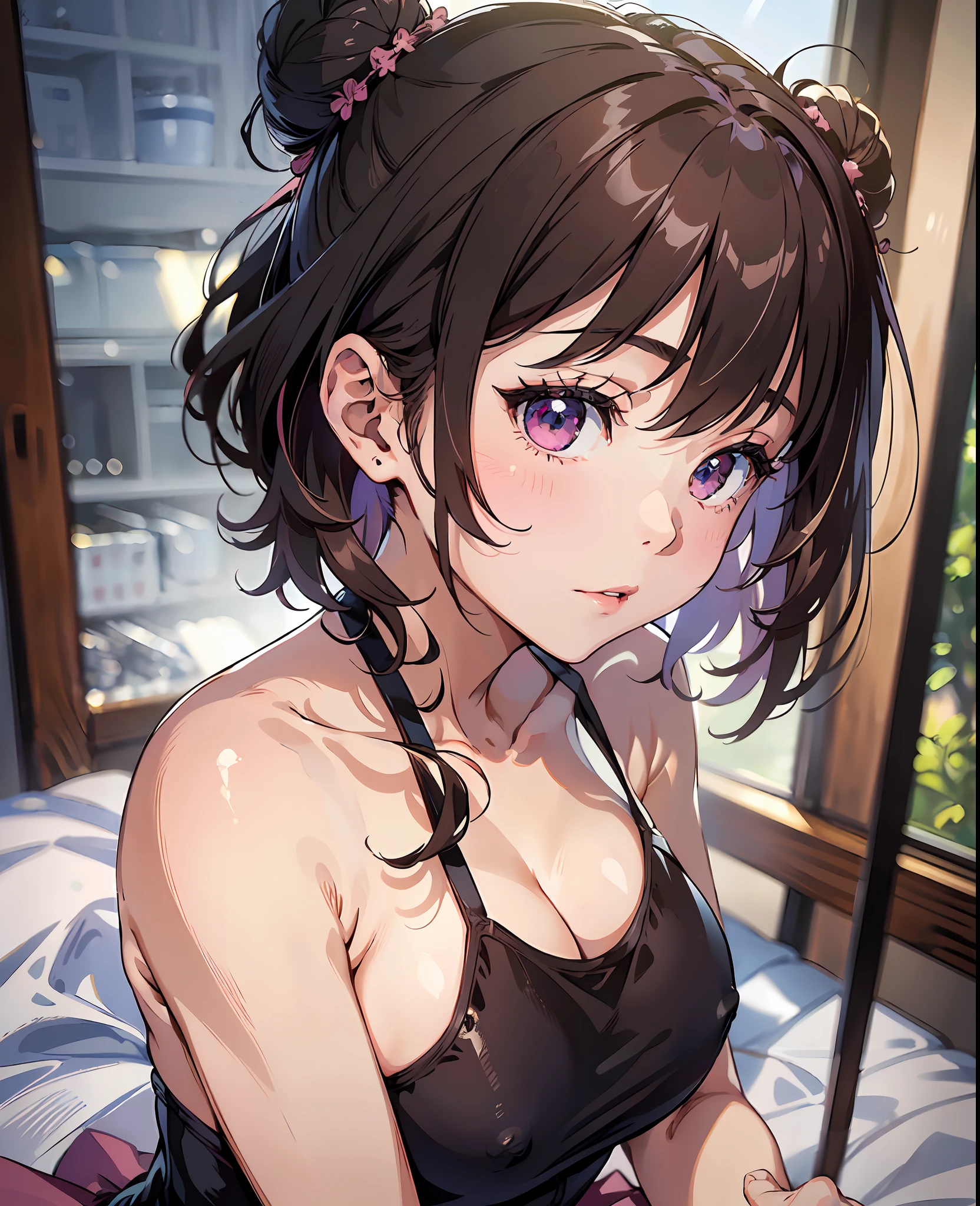 (Raw photography、top-quality)、((18 years old))(realisitic、Photorealsitic:1.3)、((1girl, solo )) top-quality、masterpiece、extremely delicate and beautiful、A highly detailed、nsfw、A sense of unity、2k wallpaper、magnifica、Beautiful in every detail、masterpiece、浅笑、top-quality、Highly detailed ticker Unity 8K wallpapers、huge filesize、ultra-detailliert、hight resolution、highly detailed、Female 1 Person、Slim body、D-cups、(Black Leotard Top:1.2)、(Pink skirt:1.2)、(Bun hair)、(brown haired)、Look at the front、Sharp Focus、Face Close-up、pureerosface_v1:0.8 Short Hair、Instagram、Viewer's Perspective
