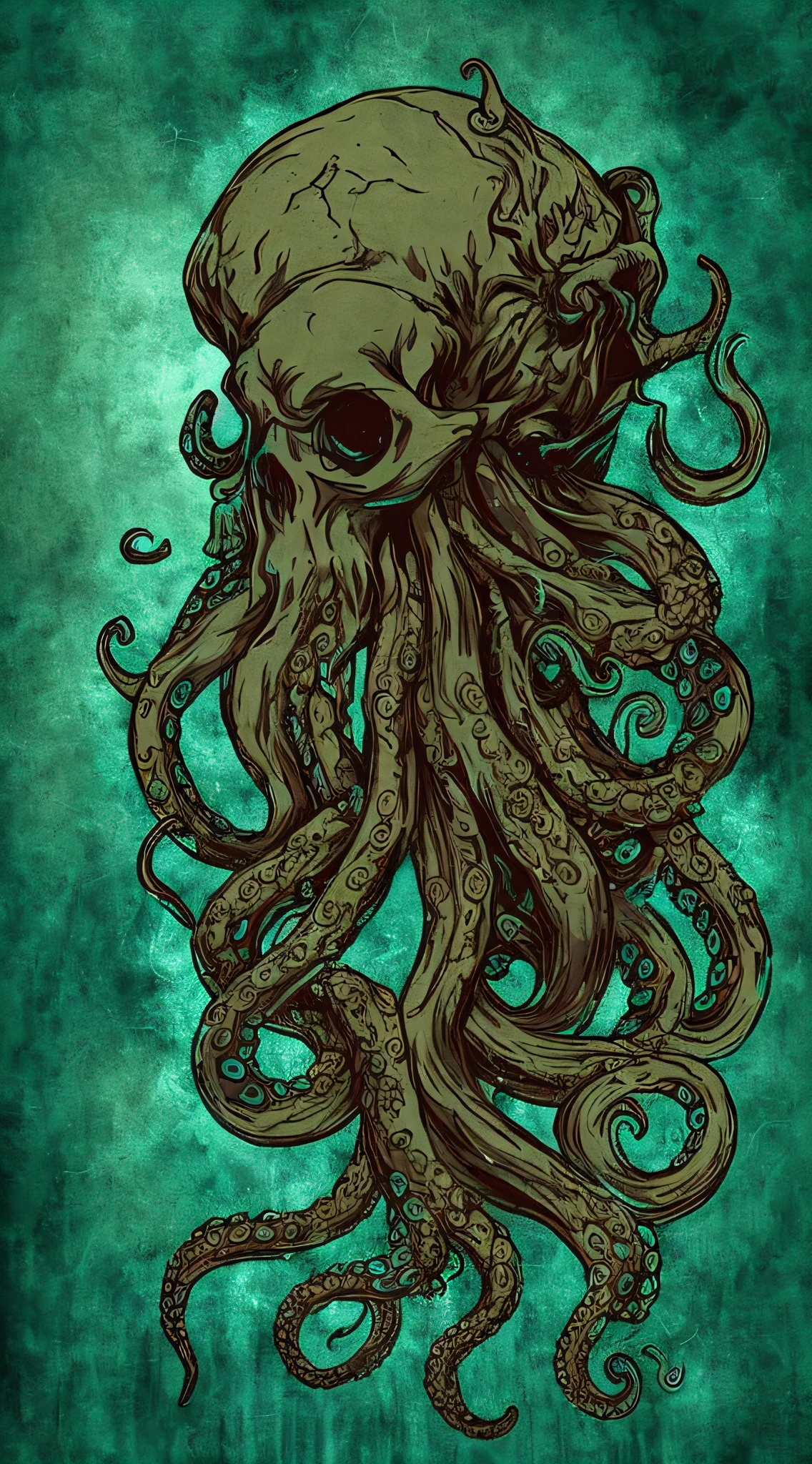 a green and black octopus with a skull on its head, Lula de Cthulhu, subtle lovecraftian vibes, mistura de veneno e cthulhu, Retrato de Cthulu, leviathan cthulhu squid, Cthulu, Inspirado em Lovecraft, HP Lovecraft Style, Tentacles and bones, Estilo lovecraftiano, lovecraftian inspiration, inspirado em H.P. Lovecraft