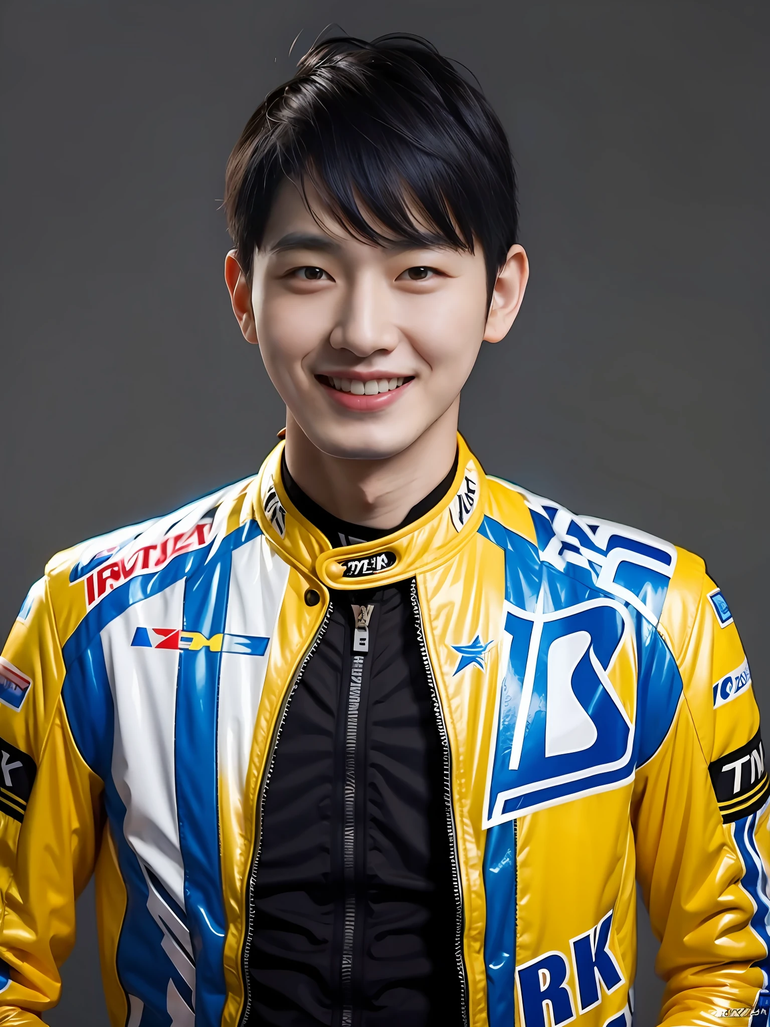 A man wearing Lin Zhiying's racing suit,punky style