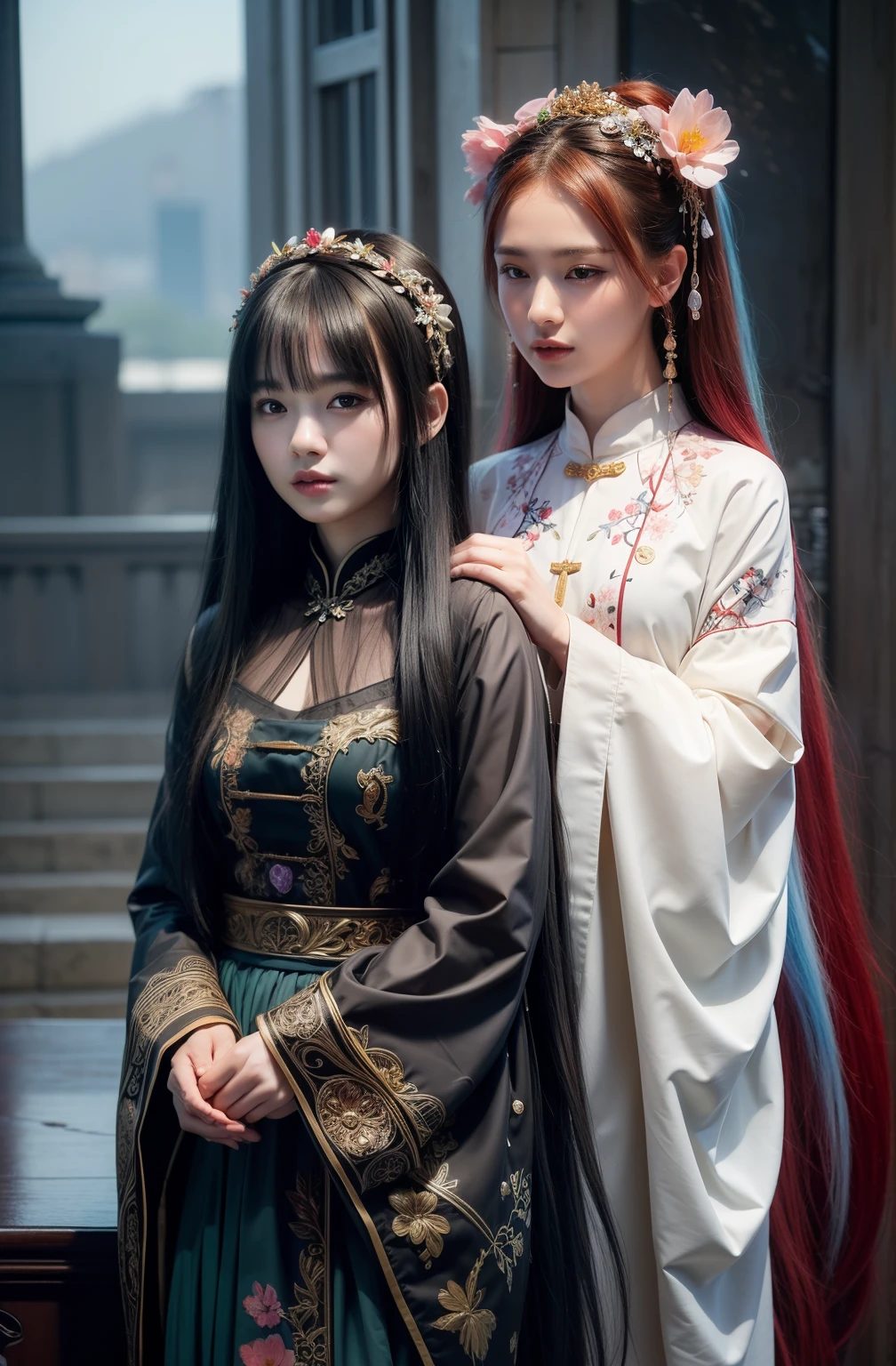 (8k, RAW photo:1.2),best quality, ultra high res,dramatic angle,(fluttered detailed color splashs), (illustration),(((2 girls))),(long hair),(rain:0.9),(hair ornament:1.4),there is an ancient palace beside the girl,chinese clothes,(focus on), color Ink wash painting,(color splashing),colorful splashing,(((colorful))),(sketch:0.8), Masterpiece,best quality, beautifully painted,highly detailed,(denoising:0.6),[splash ink],((ink refraction)), (beautiful detailed sky),moon,highly,detaild,(masterpiece, best quality, extremely detailed CG unity 8k wallpaper,masterpiece, best quality, ultra-detailed),(Lycoris radiata),
