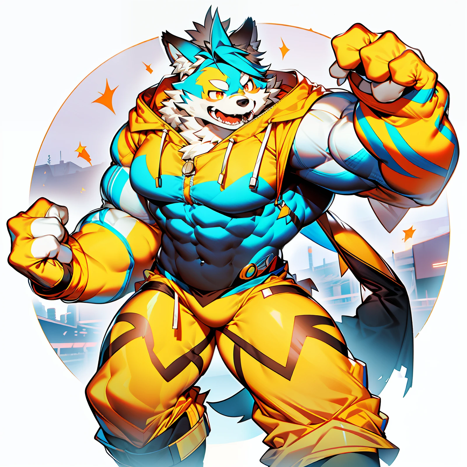 coyote，Furry，Orange-white hair，musculature，Muscle men，nakeness，Strong，ultraclear，Has a large ，Collar，Black  shorts，red pupils，Abs，yellow overcoat，The erection，Collar，Has a large ，der riese，tit，Solo，Stout arms，Storm jacket，Badge，Pronounced abs，Urban style，hold fists,Big ，frontage，Storm jacket，modern day