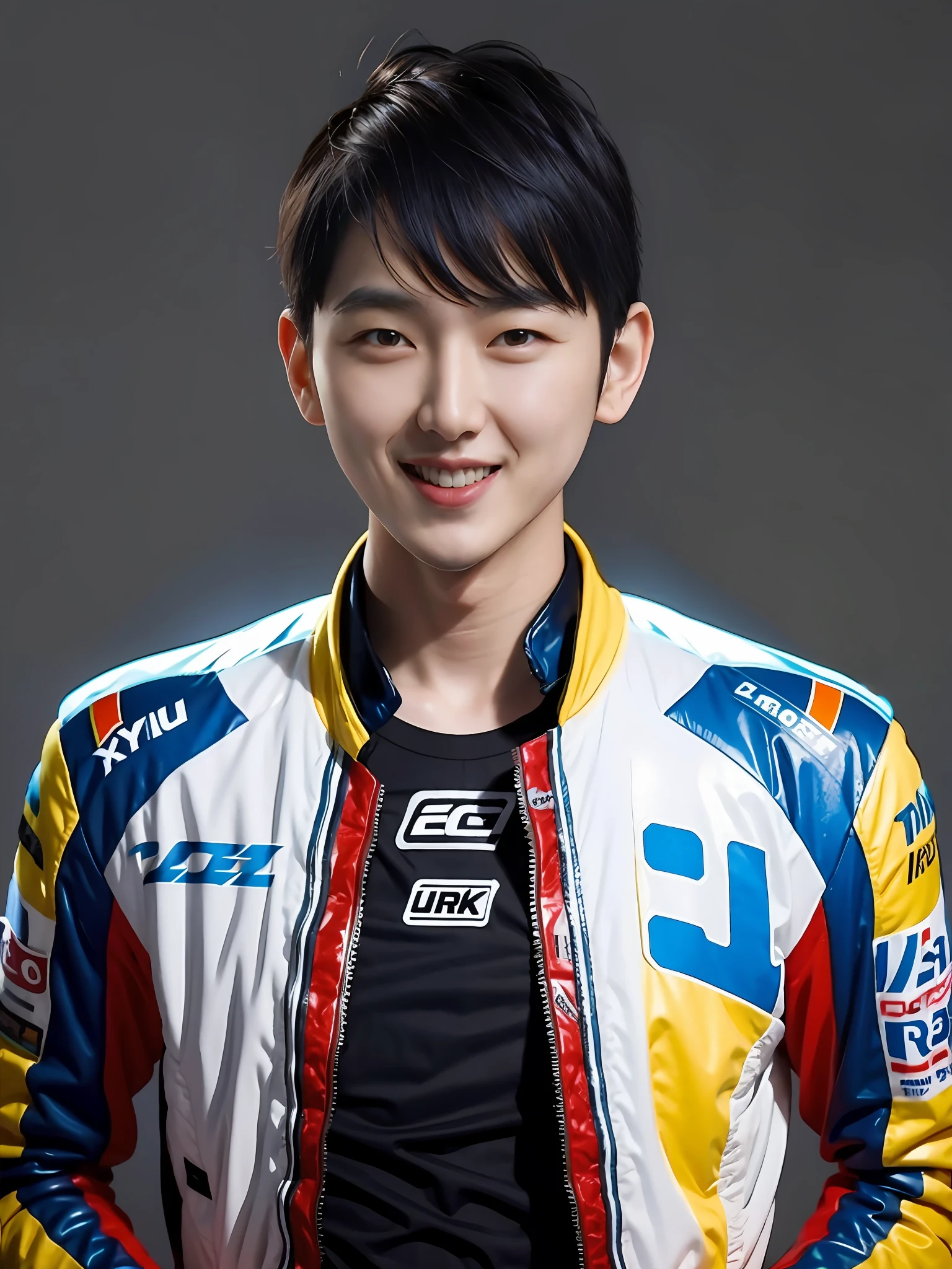 A man wearing Lin Zhiying's racing suit,punky style