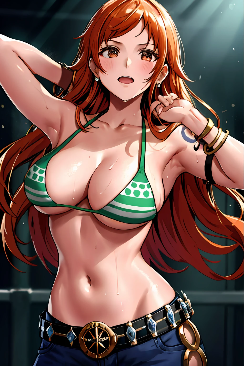 detailed background, wrestling stage, masterpiece, 4k, (wwe:1.1), turnbuckle, robes behind, wrestling robes, holding ring robes, leaning on turnbuckle, epic, best quality, late youth, adult, wrestler body, strong, 1girl, active, energic, (large mouth) , solo, nami \(one piece\), 1girl, bangle, (very wet, drenched in sweat, sweat all over body, very wet hair, tired, open mouth, exhausted, shouting, sweaty face, sweaty body, sweating too much, shiny sweat, leaning, serious, glaring, open eyes, perfect detailed face, round face, sweat on face) bold drawing lines, muscular arms, detailed bold arm lines, flat jaw, adult woman, wavy wide streaked bangs, floating bang, (big cheeks), bare shoulders, belt, bikini, bikini top only, bracelet, springy breasts, breast lines, big round eyes, very big brown shiny eyes, high eye position, cleavage, denim, earrings, floating hair, shiny hair, green belt, green bikini, bold groin lines, jeans, jewelry, medium breasts, log pose, long hair, looking at viewer, big navel, wet hair, orange hair, pants, shoulder tattoo, sidelocks, solo, standing, stomach, swimsuit, tattoo , looking at viewer, open mouth, detailed left arm, big forehead, hourglass figure, small head, toned body, wide hair, wind effect, narrow small ears angle, older, random poses,