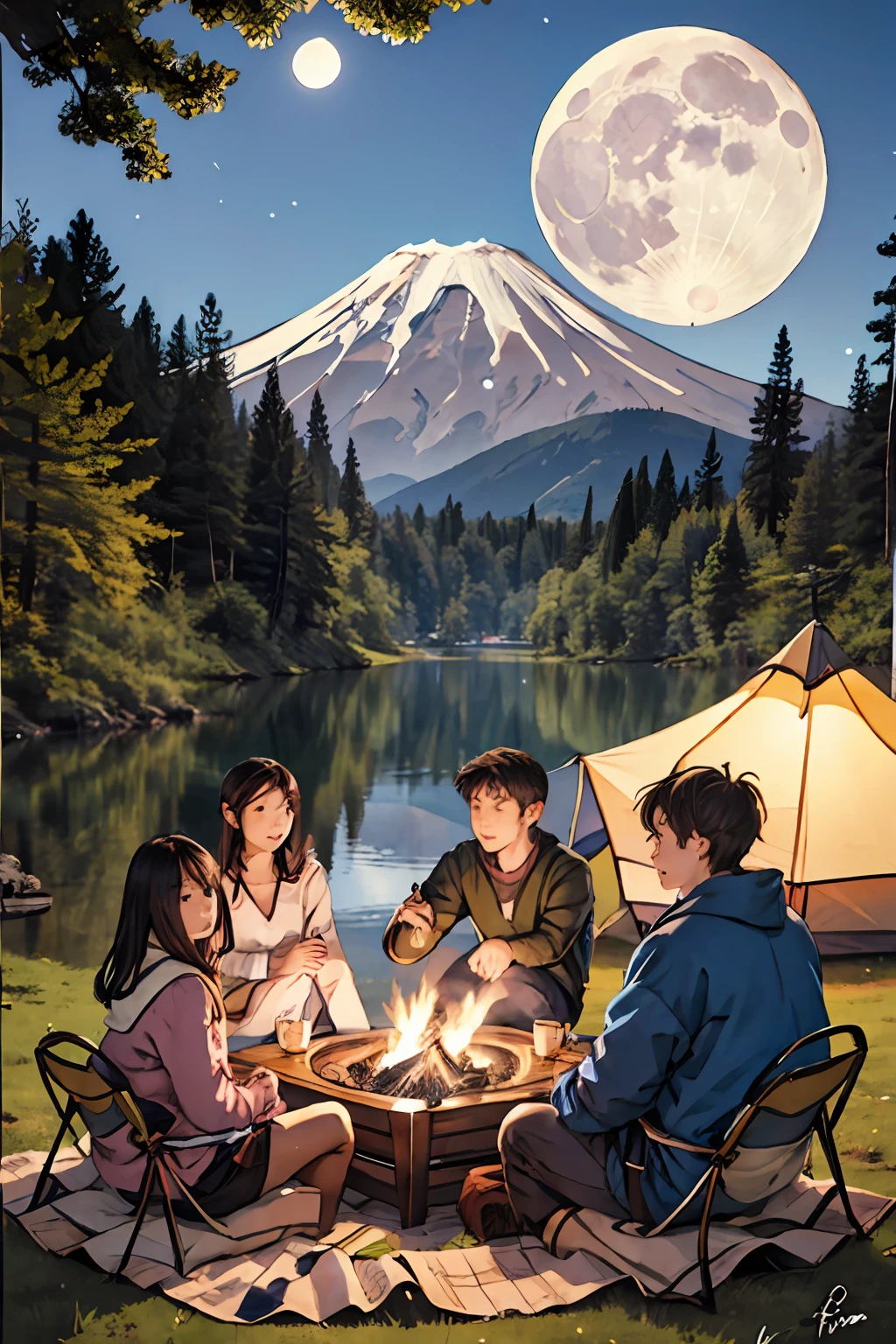 a group of young 3girls and 3boys camping near a lake with Mount Fuji and snow in the background, full moon, moonlight, bonfire, tent, lamp, smile, girls and boys around bonfire, drinking from mugs, looking at viewer, best quality, high resolution, extremely detailed, professional, illustration, trending on pixiv, masterpiece, cinematic lighting, anime art style,