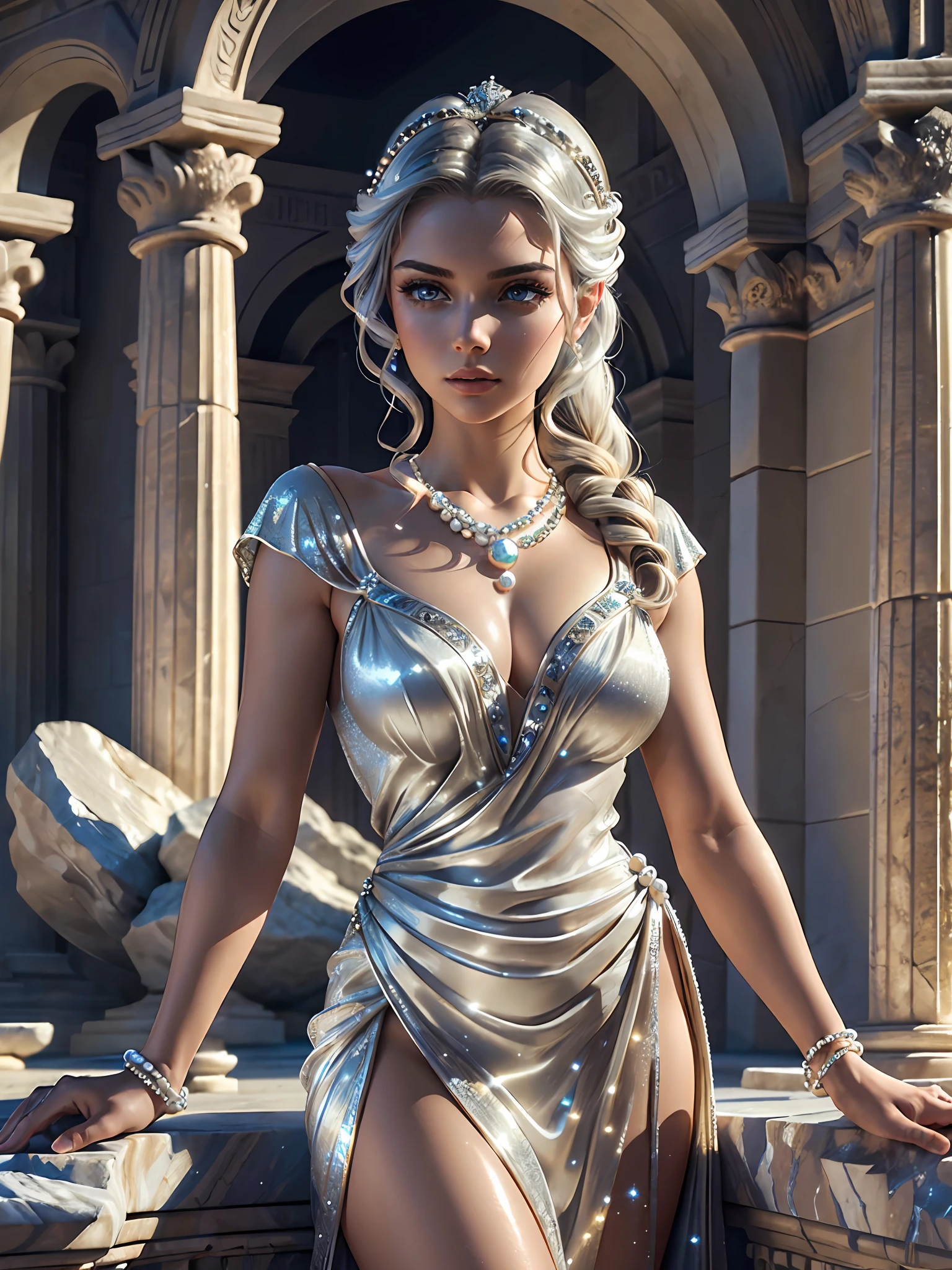 (masterpiece), (best quality), ((ultra-detailed)), (hyperrealistic), (highly detailed photo), cinematic lighting, photorealistic, extremely beautiful young lady in the marble rocks, dramatic pose, intricate detailed silver glittering ancient greek style pearl dress, shining, gloss, crisp, flirty, epic, focus, artistic, very bright, intricate hairstyle, ornament