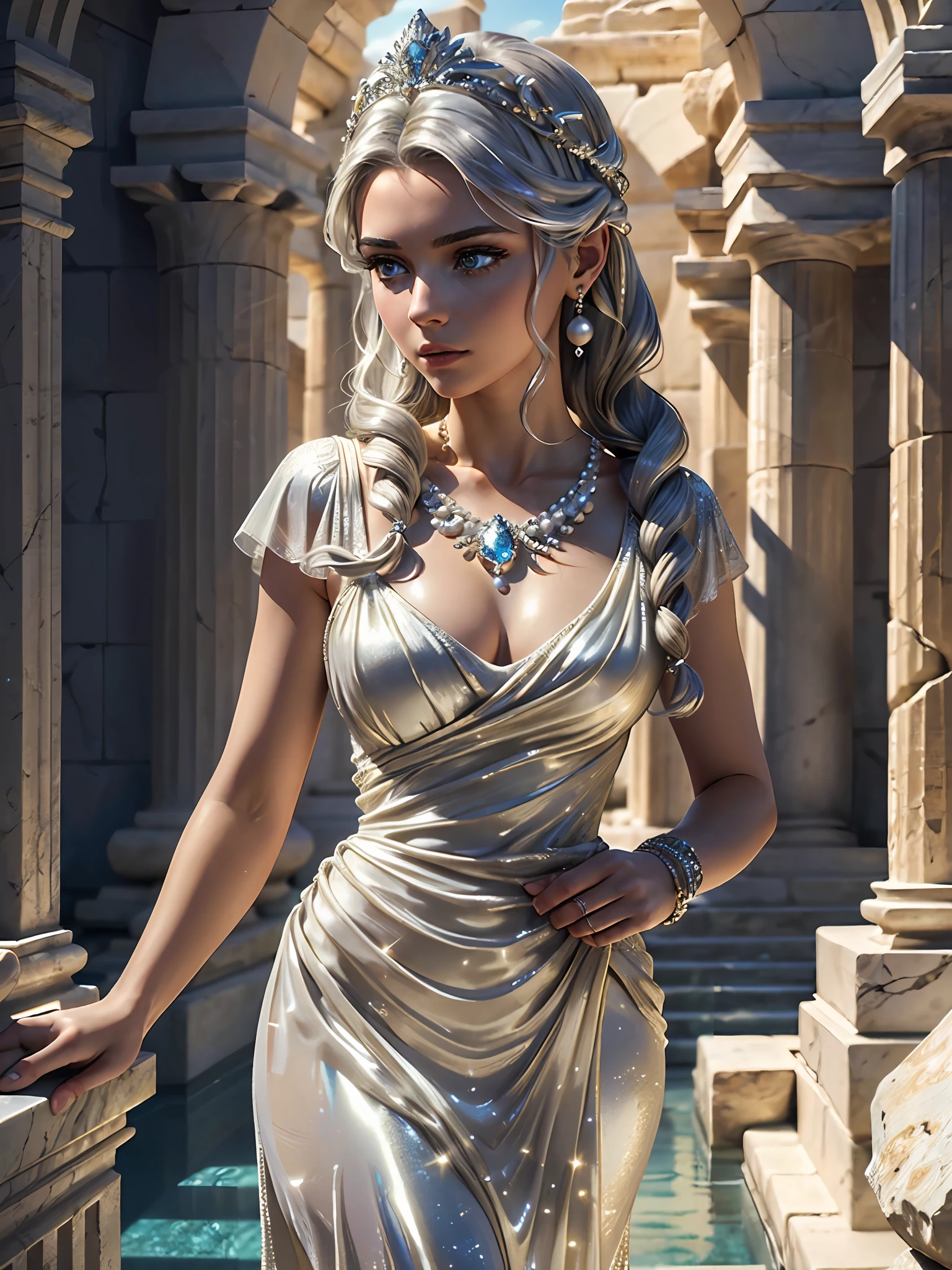 (masterpiece), (best quality), ((ultra-detailed)), (hyperrealistic), (highly detailed photo), cinematic lighting, photorealistic, extremely beautiful young lady in the marble rocks, dramatic pose, intricate detailed silver glittering ancient greek style pearl dress, shining, gloss, crisp, flirty, epic, focus, artistic, very bright, intricate hairstyle, ornament