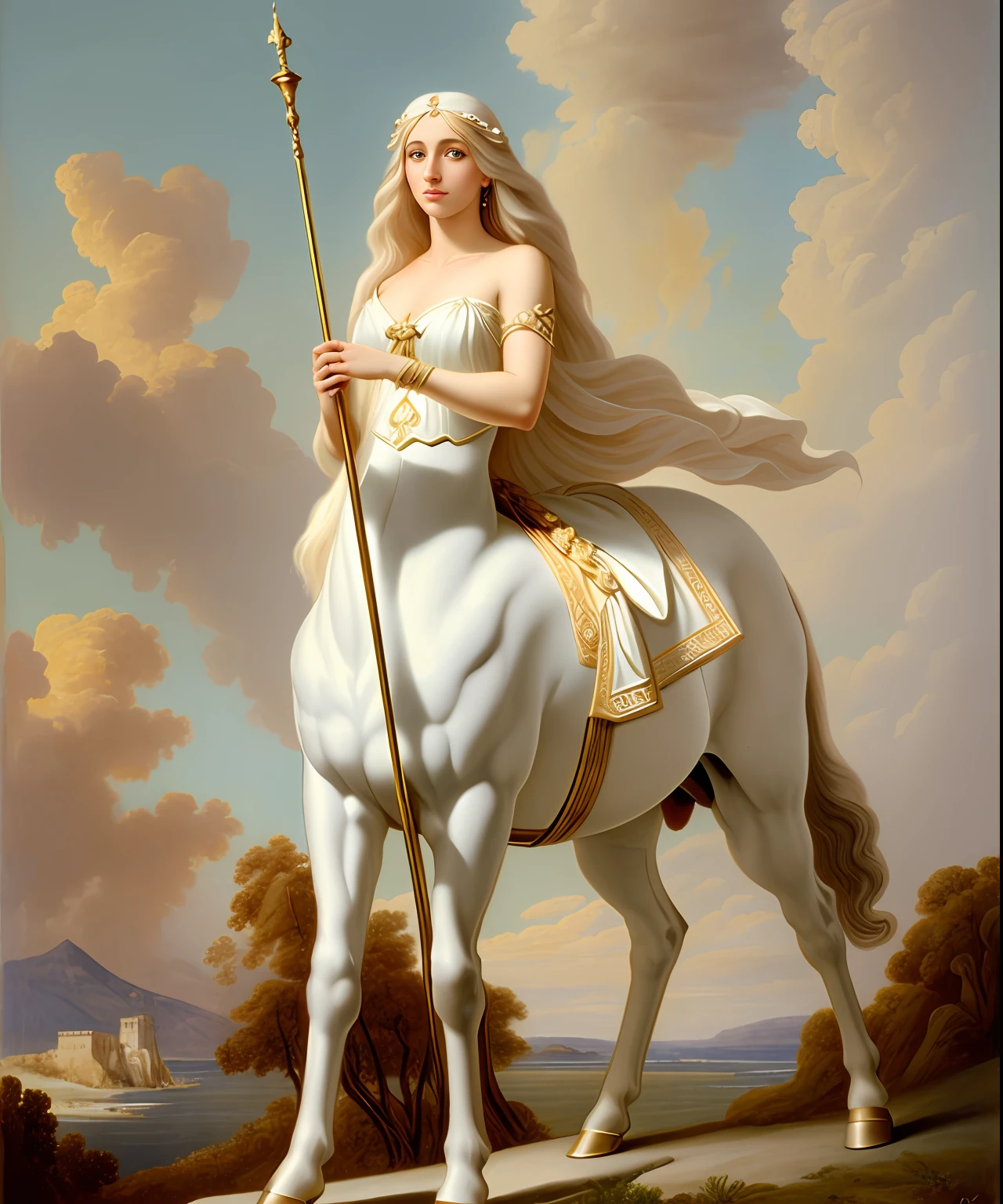 Perfect face, perfect eyes, painting of a woman in a white dress humanistic incarnation of white horse, hybrid creature of human and horse, half human half animal, beautiful greek goddess in animal incarnation, beautiful lady in animal incarnation, mythological creature, horse goddess, portrait of celtic goddess diana, inspired by Théodore Chassériau, goddess of greek mythology, by Théodore Chassériau, neoclassical paintings, gorgeous goddess of leo, centaur, neoclassical painting, centaur from greek mythology, by Jean-François de Troy