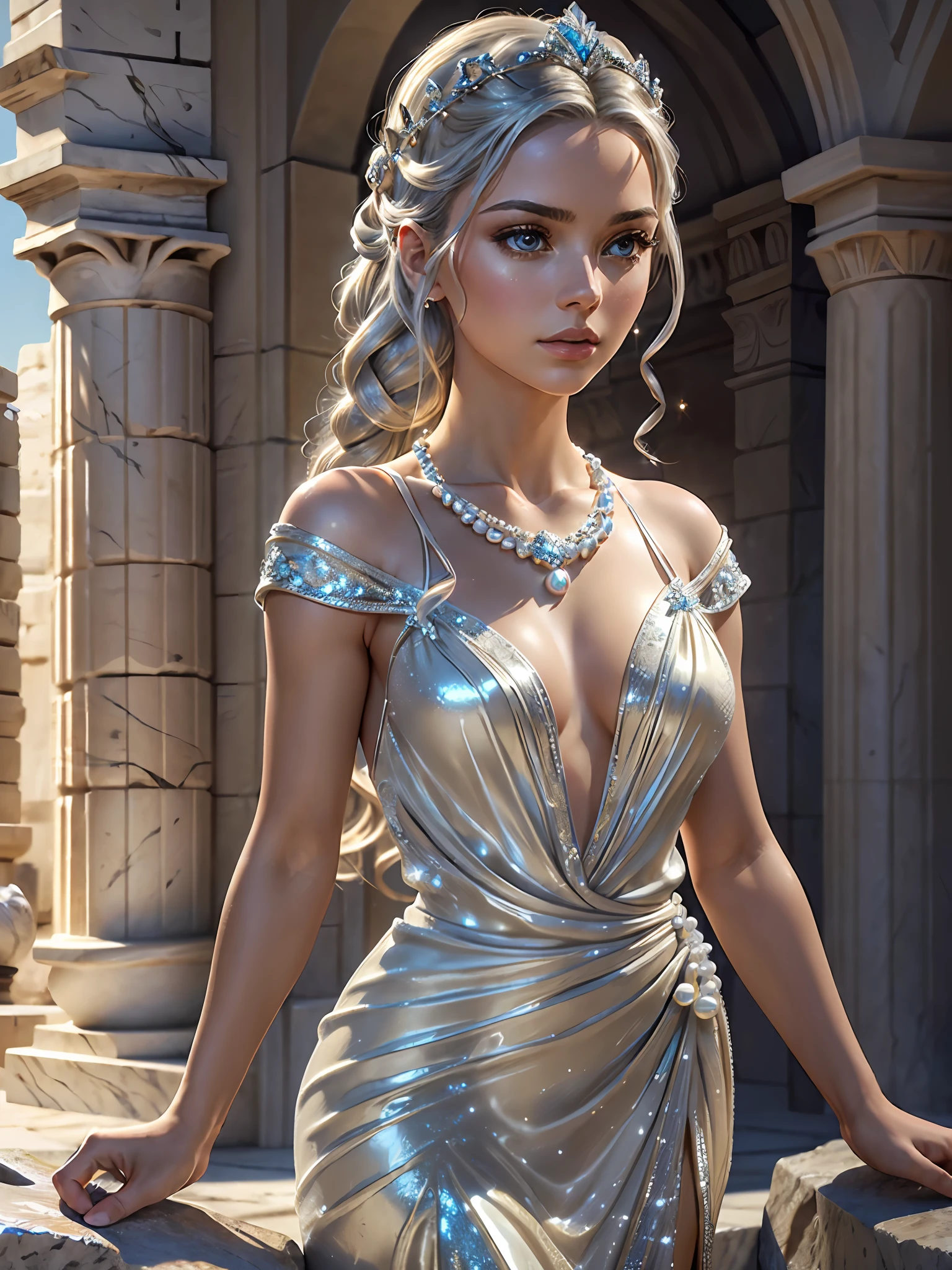 (masterpiece), (best quality), ((ultra-detailed)), (hyperrealistic), (highly detailed photo), cinematic lighting, photorealistic, extremely beautiful young lady in the marble rocks, dramatic pose, intricate detailed silver glittering ancient greek style pearl dress, shining, gloss, crisp, flirty, epic, focus, artistic, very bright, intricate hairstyle, ornament