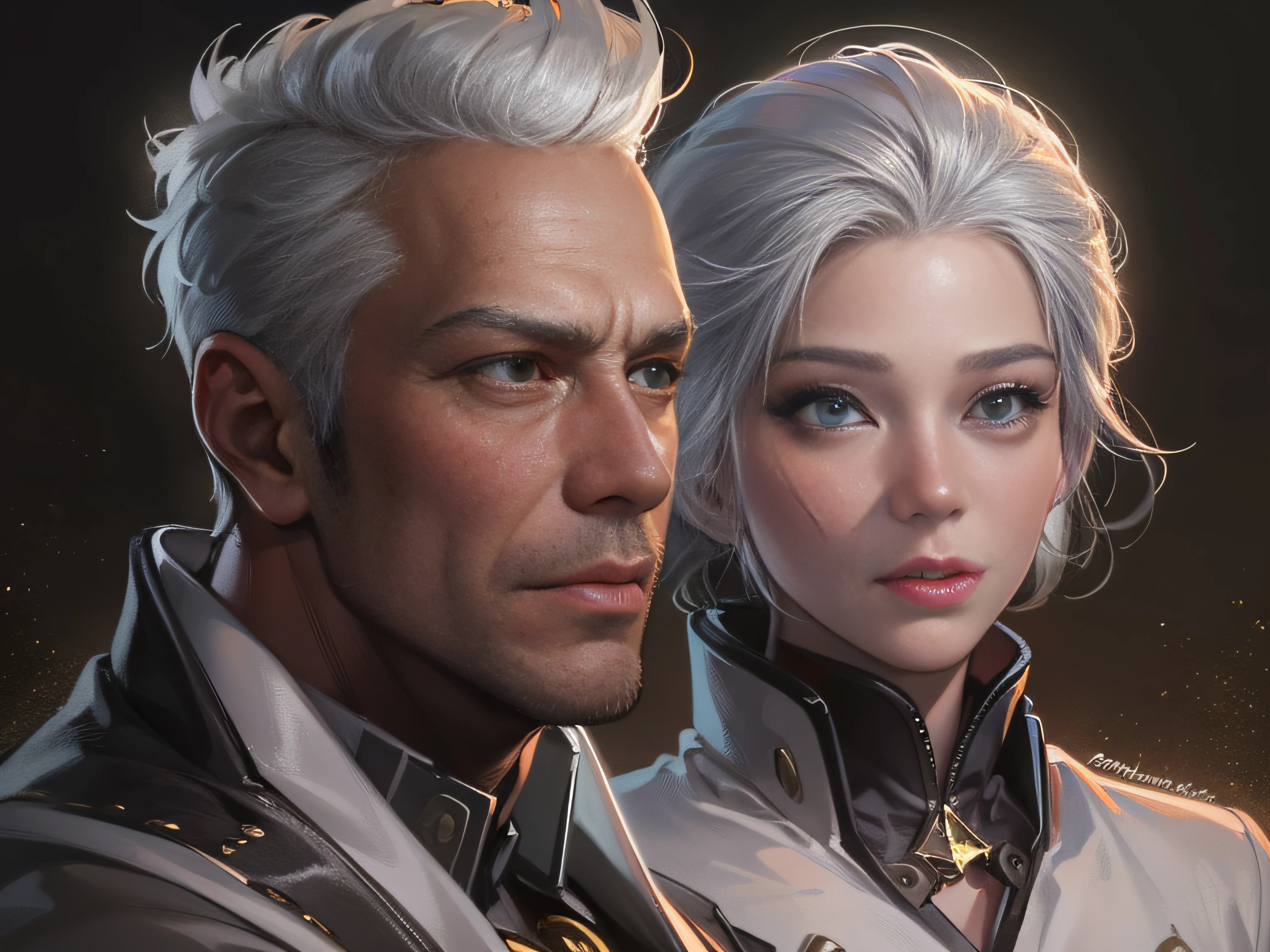 A 40-year-old man with short white hair and a 40-year-old woman with short silver hair，The face is serious，grand master，tmasterpiece，8k wallpaper，CG，Ultra-high image quality，light and shadow effect