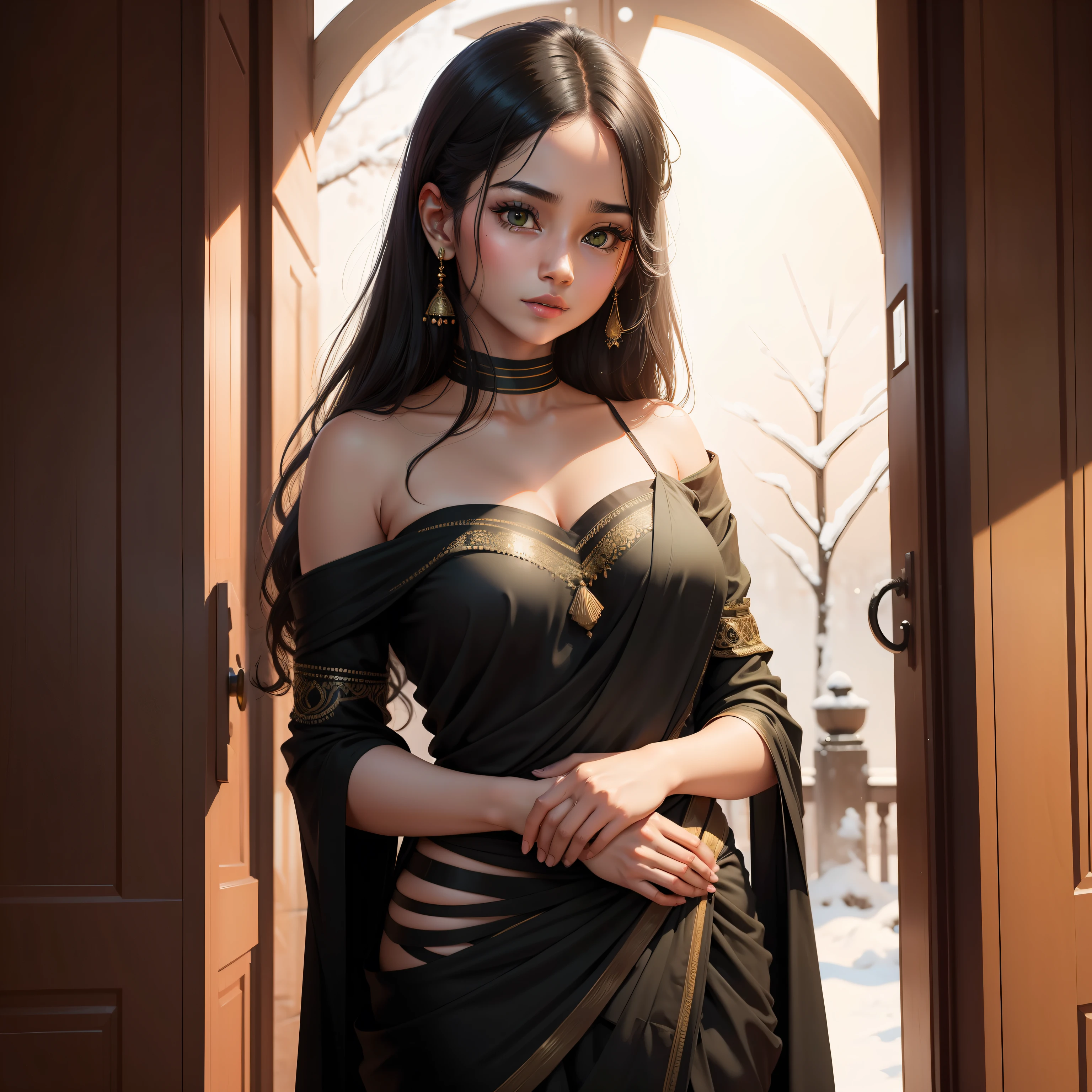 a girl in a black sari posing for a picture, light tone beautiful face, innocent face, cute beautiful, attractive girl, green colored skin!!, very extremely beautiful, an elegant red, very beautiful girl, very very beautiful, very beautiful, black clothes, traditional beauty, very beautiful enga style, with lovely look, greenish tinge, candid picture, beautiful design, snowfall, fire fly