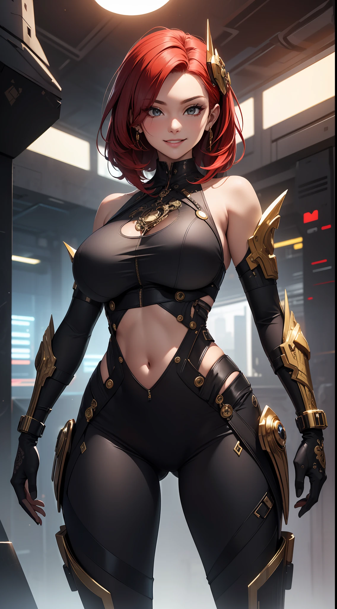 ((masterpiece)), 4K, absurdres, ((best quality)), ((intricate)), (highly detailed), (sexy pose), beautiful ((slim fit)), sexy cyborg queen, tall, cool, edgy, sexy breasts, smile, sharp face cut, shoulder length red hair, ornaments, black-gold designed sleeveless cropped top, black pants, background lighting, luxurious, ((futuristic)).