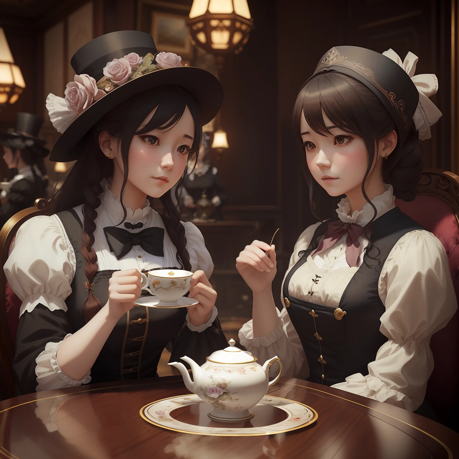 two women dressed in victorian clothing sitting at a table with tea cups, wlop and sakimichan, nixeu and sakimichan, surreal tea party, tea party, artwork in the style of guweiz, wlop and ross tran, loish and wlop, trending on artstation pixiv, 2. 5 d cgi anime fantasy artwork