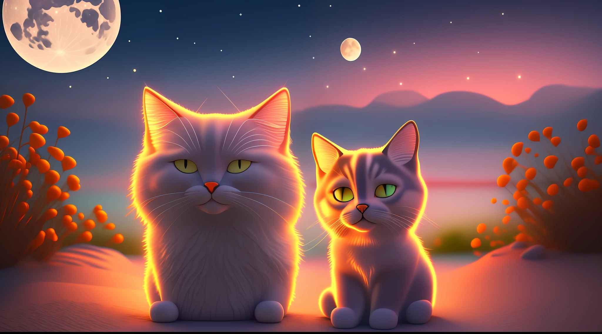 3D cute cat in the dark night by the sea，swell sea，The moon is in the sky，The cat was watching her，3D movie rendering style