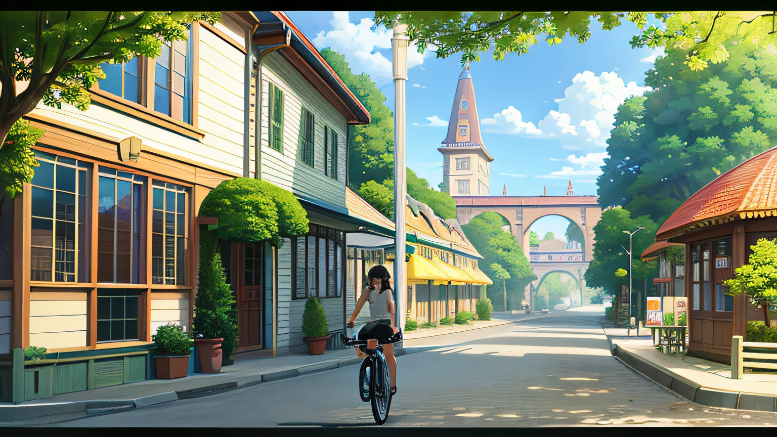 (tmasterpiece,best qualtiy), intricately details, 8K, art stations, the wallpaper, offcial art, splashart, tack sharp focus,Anime scene of a woman riding a bike in front of a store, ( ( Makoto Shinkai ) ), anime movie screenshot, Makoto Shinkai's style, in the style of makoto shinkai, Shinkai sincerely, ghibli studio anime style, Makoto Shinkai. —h 2160, with subtitles, makoto shinkai movie, Your name