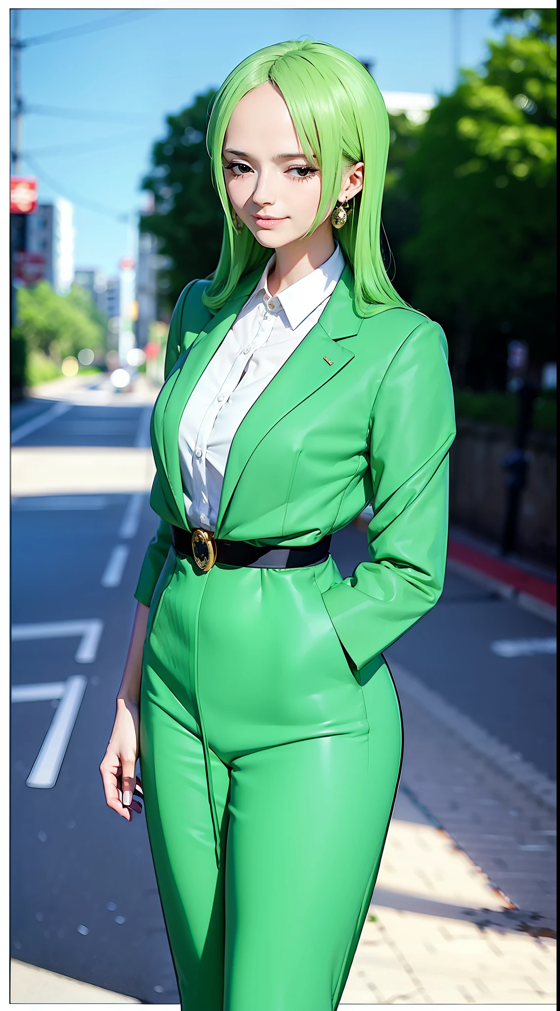 monet from anime one piece, shoulder length hair, green hair, beautiful, beautiful woman, wearing earrings, wears watch on her left hand, perfect body, standing, wearing white formal shirt, wearing green formal suit, green pants, wears formal dress, looking at the audience, smiling, being in the city of tokyo, brada on the side of the road, in a public place.