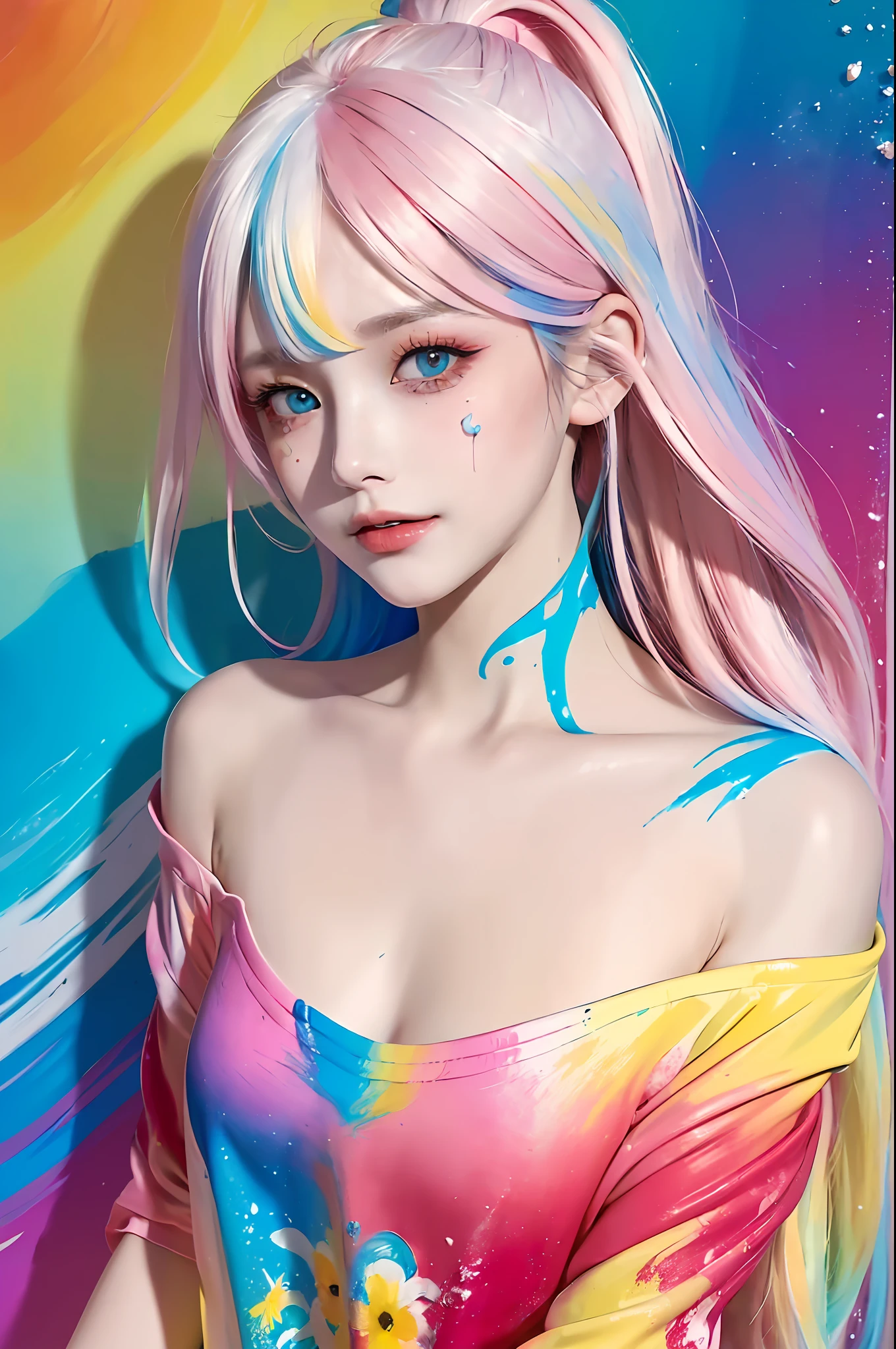 （Pink Fashion T-shirt：1.9），(Colorful hair: 1.8), (all the colours of the rainbow: 1.8),(((((vertical painting：1.6))), （painting：1.6），front, comics, illustrations, paintings, large eyes, crystal clear eyes,（ rainbow color gradient high ponytail：1.7）, exquisite makeup, closed mouth,(Small Fresh: 1.5),(Wipe Chest: 1.6) ，long eyelashes, white off shoulder T-shirt,  White Shoulder Shirt，looking at the audience, large watery eyes, (rainbow colored hair：1.6), color splash, （solo：1.8）, color splash, color explosion, thick paint style, messy lines, ((shining))，(colorful), (colorful), (colorful), colorful, Thick Paint Style, (Splash) (Color Splash), Vertical Painting, Upper Body, Paint Splash, Acrylic Pigment, Gradient, Paint, Highest Image Quality, Highest Quality, Masterpiece, Solo, Depth of Field, Face Paint,  colorful clothes, (Elegant: 1.2), gorgeous,long hair, wind, (Elegant: 1.3), (Petals: 1.4)，(((masterpiece))),(((best quality))),((ultra-detailed)),(illustration),(dynamic angle),((floating)),(paint),((disheveled hair)),(solo),(1girl) , (((detailed anima face))),((beautiful detailed face)),collar,bare shoulders,white hair, ((colorful hair)),((streaked hair)),beautiful detailed eyes,(Gradient color eyes),(((colorful eyes))),(((colorful background))),(((high saturation))),(((surrounded by colorful splashes))),