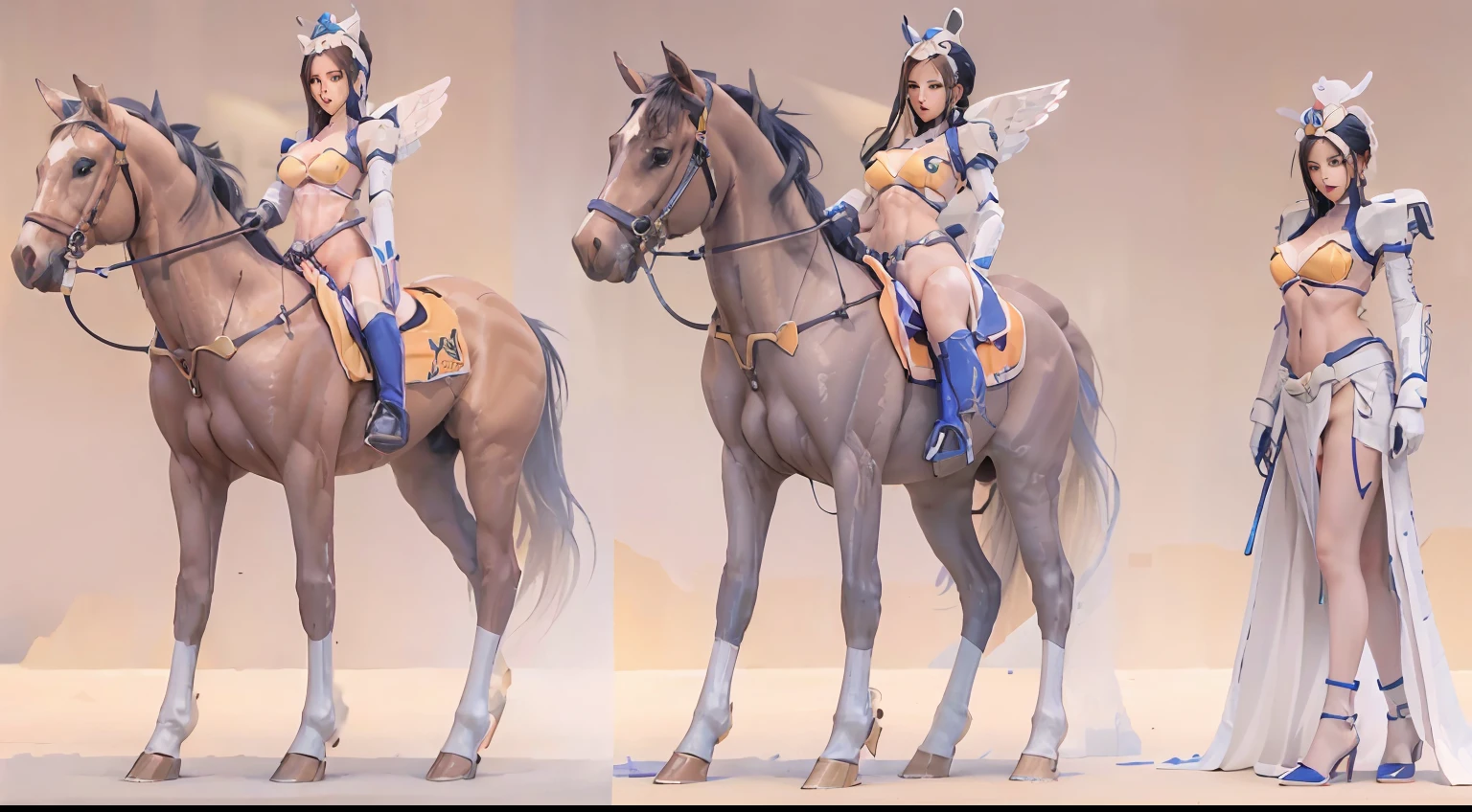 A female centaur,She is famous in the multiverse,She is both a female centaur, half human, half horse, half horse,It is also a female Yingzhao。She blends both images,The first is the head of a horse/neck/Shoulder these parts,After feminization,The upper body transforms into a beautiful female human,Female, half-centaur, half-human, half-horse, half-human,The second is the waist of the horse/hason/gluteal/Legs feminine,Female half-horse with beautiful woman's,Chimer,It's like a female human wearing a half-horse-like costume and making a seamless chimera,This chimerization is based on powerful futuristic technology。The ultra-wide-angle lens captures the image of her sleek and ethereal wings charging and leaping on the ionosphere。Her front half is distinctly feminine,Tall sexy body,Has K cup teardrop-shaped giant tit chest,It has a small man's waist butterfly spanning long legs,The half-horse part of the hind body,Embedded interface in the front half of the body hip position。The horse-shaped, half-horse torso form of her back body is completely female and humanized。A sexy bent dog-style shaped ribcage embedded in the lower back position of the beautiful woman's body from the upper end of the sternum/lower back/Ventral transverse。Then there are the sexy beauty's upright hips,Her entire body has been completely feminized,Including the half-horse part。Mechanized armor covers the legs with knee-shaped anti-joints and feet,And these parts are highly anthropomorphic,This makes her legs graceful and slender,Her four horse legs exploded in length proportions and was slender and toned,Under the legs are skinny white feet dressed in Skyscraper Heels,Use Midjourney's advanced stroke tools and color palettes, as well as texture packs, model packs, and texture tools,Concentration,Femaleize all parts of her original equine physiologic appearance,And give these parts an ergonomic appearance,Fine treatment of the thoracic and abdominal cavity of the posterior body,As well as hips and