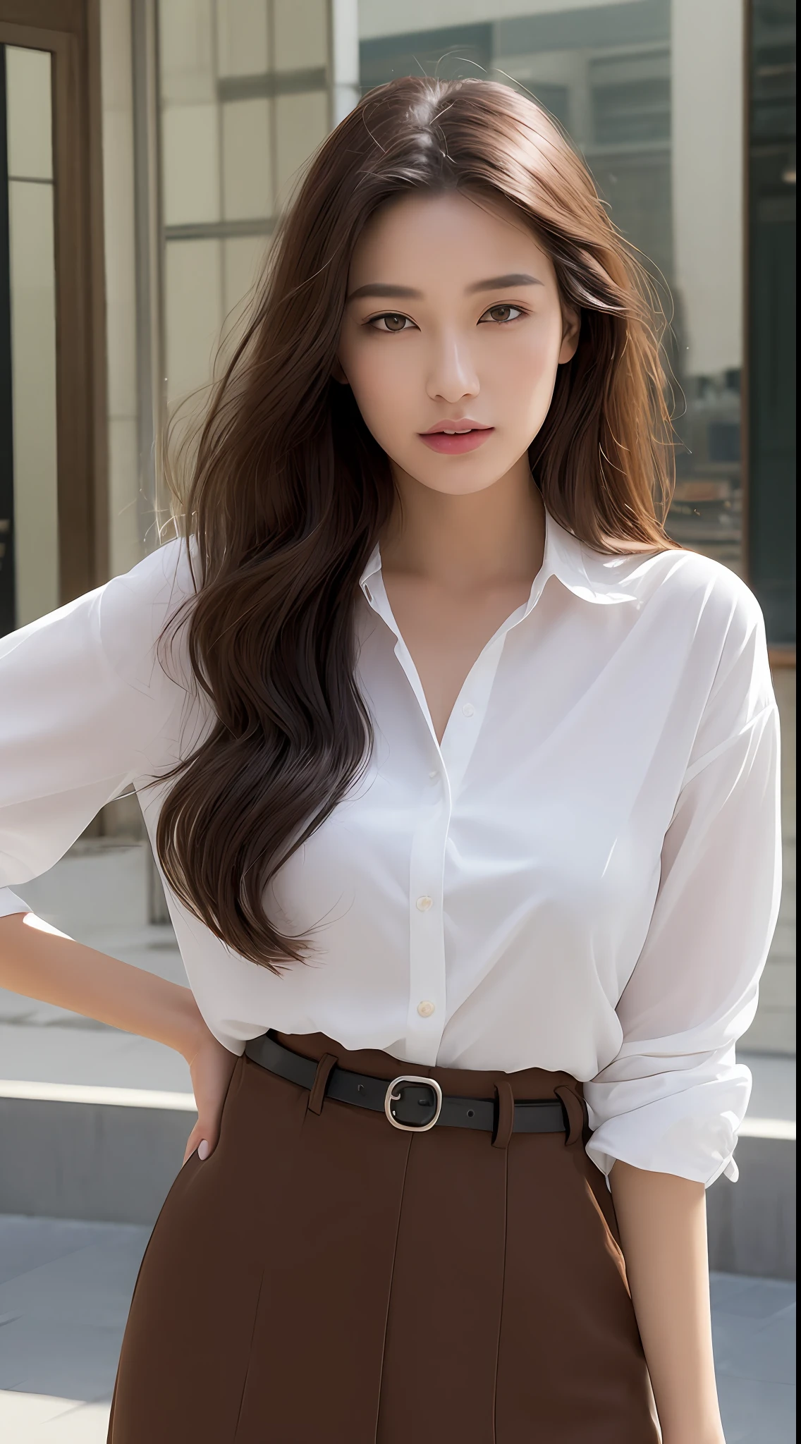 (top-quality、hight resolution、​masterpiece:1.3)、Tall and cute woman、Slender abs、Dark brown hair styled in loose waves、Big breasts that are about to spill out of a bra、Wearing a pendant、White button-up shirt、a belt、a black skirt、(Modern architecture in background)、Details exquisitely rendered in the face and skin texture、A detailed eye、二重まぶた