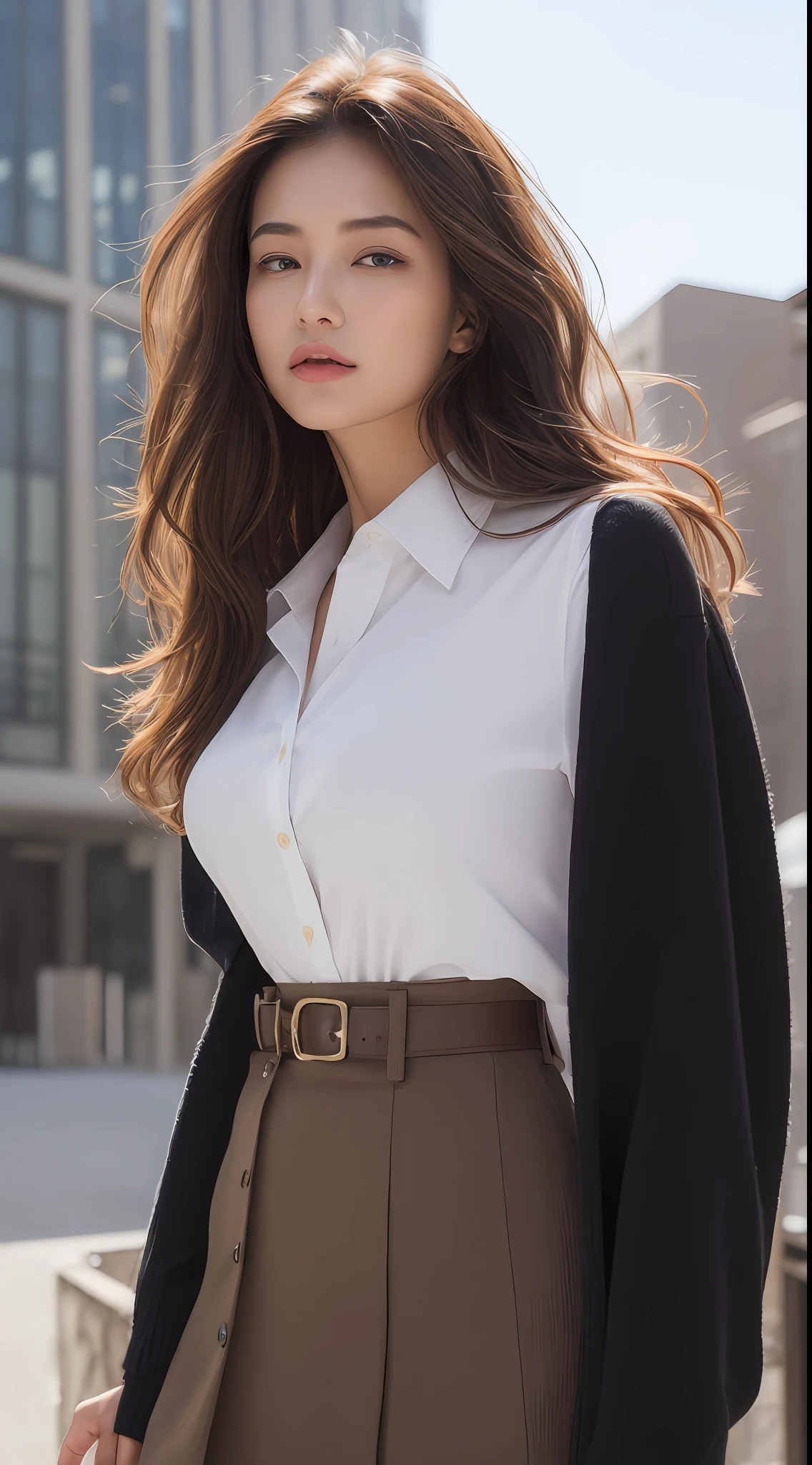 (top-quality、hight resolution、masterpiece:1.3)、Tall and cute woman、Slender abs、Dark brown hair styled in loose waves、Big breasts that are about to spill out of a bra、Wearing a pendant、White button-up shirt、a belt、a black skirt、(Modern architecture in background)、Details exquisitely rendered in the face and skin texture、A detailed eye、二重まぶた