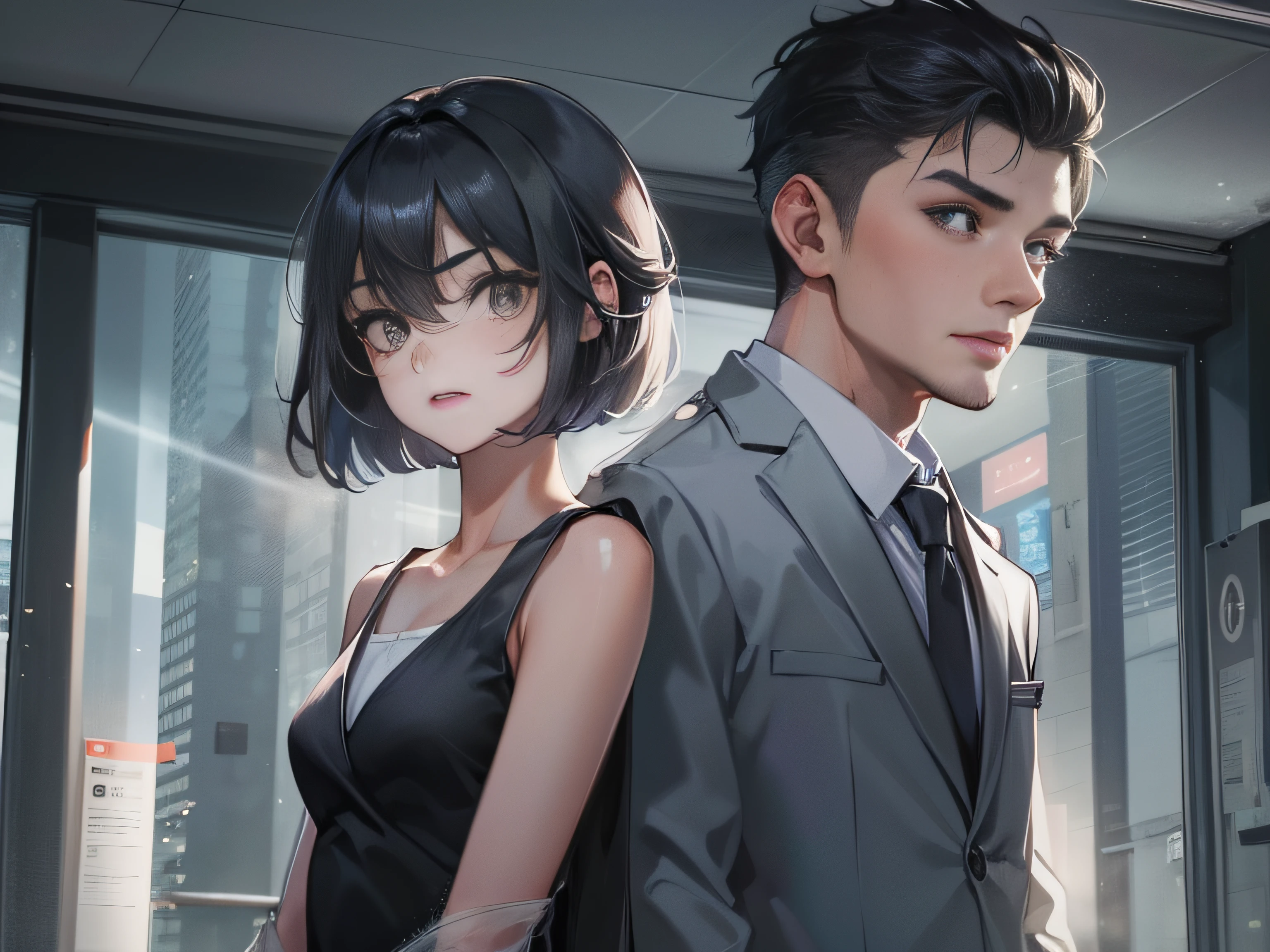 A 25-year-old man with short black hair and formal clothes looks at a 5-year-old girl with short silver hair and white half-sleeves,The face is serious,Inside the police station,grand master,tmasterpiece,8k wallpaper,CG,Ultra-high image quality,light and shadow effect