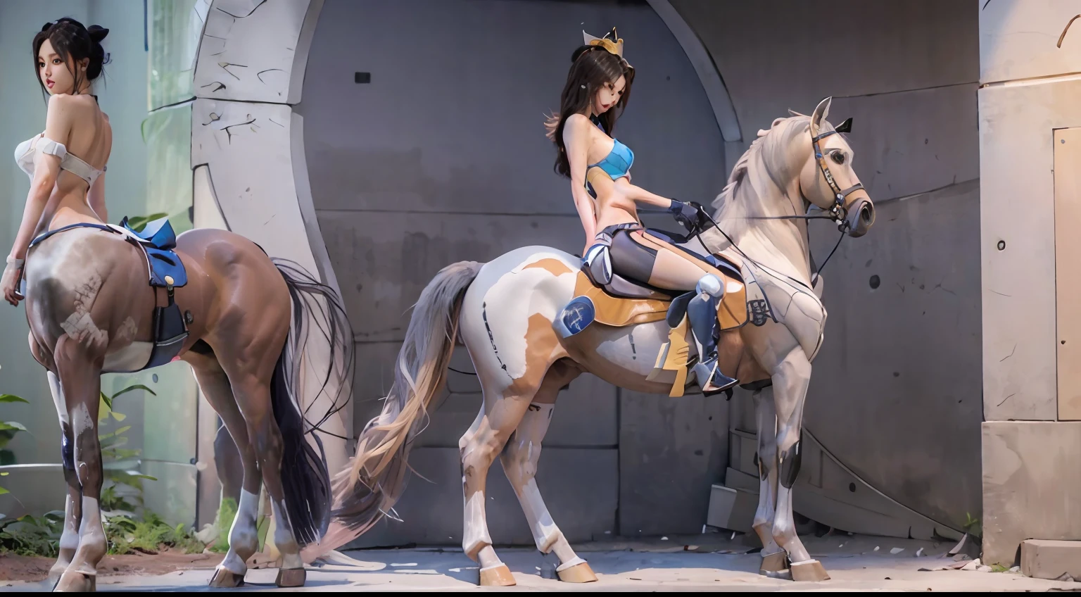 A female centaur,She is famous in the multiverse,She is both a female centaur, half human, half horse, half horse,It is also a female Yingzhao。She blends both images,The first is the head of a horse/neck/Shoulder these parts,After feminization,The upper body transforms into a beautiful female human,Female, half-centaur, half-human, half-horse, half-human,The second is the waist of the horse/hason/gluteal/Legs feminine,Female half-horse with beautiful woman's,Chimer,It's like a female human wearing a half-horse-like costume and making a seamless chimera,This chimerization is based on powerful futuristic technology。The ultra-wide-angle lens captures the image of her sleek and ethereal wings charging and leaping on the ionosphere。Her front half is distinctly feminine,Tall sexy body,Has K cup teardrop-shaped giant tit chest,It has a small man's waist butterfly spanning long legs,The half-horse part of the hind body,Embedded interface in the front half of the body hip position。The horse-shaped, half-horse torso form of her back body is completely female and humanized。A sexy bent dog-style shaped ribcage embedded in the lower back position of the beautiful woman's body from the upper end of the sternum/lower back/Ventral transverse。Then there are the sexy beauty's upright hips,Her entire body has been completely feminized,Including the half-horse part。Mechanized armor covers the legs with knee-shaped anti-joints and feet,And these parts are highly anthropomorphic,This makes her legs graceful and slender,Her four horse legs exploded in length proportions and was slender and toned,Under the legs are skinny white feet dressed in Skyscraper Heels,Use Midjourney's advanced stroke tools and color palettes, as well as texture packs, model packs, and texture tools,Concentration,Femaleize all parts of her original equine physiologic appearance,And give these parts an ergonomic appearance,Fine treatment of the thoracic and abdominal cavity of the posterior body,As well as hips and