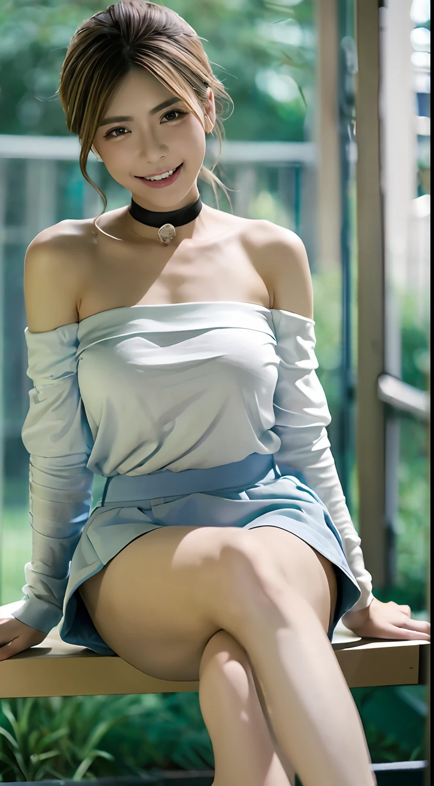 top-quality、超A high resolution、(Photorealsitic:1.4)、女の子1人、Off-shoulder white shirt、Black tight skirt、Black Choker、(faded ash gray hair:1)、(huge-breasted:1.2)、looking at viewert、Open your legs、A smile、bath