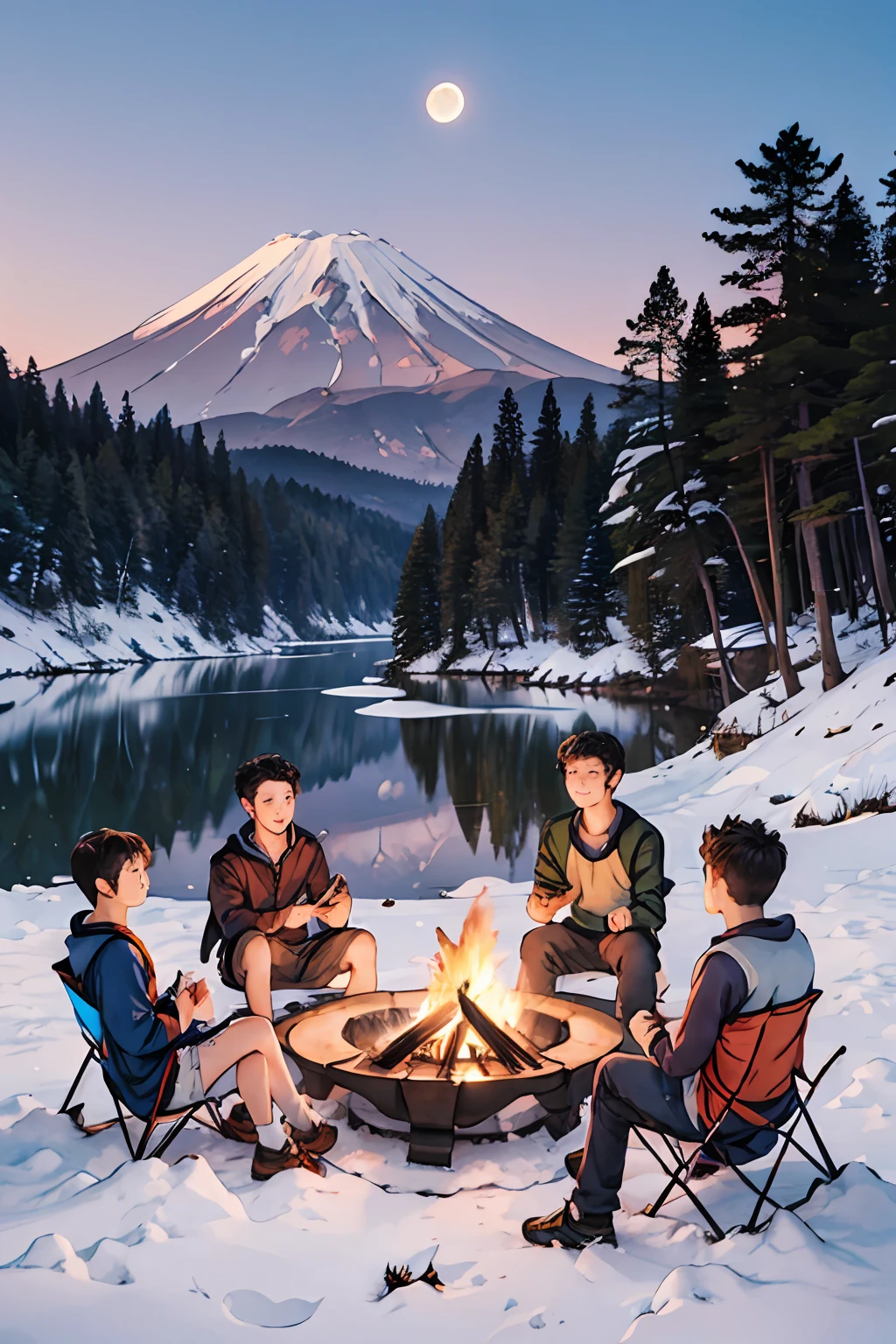 a group of young 3girls and 3boys camping near a lake with Mount Fuji and snow in the background, full moon, moonlight, bonfire, tent, lamp, smile, girls and boys around bonfire, drinking from mugs, looking at viewer, best quality, high resolution, extremely detailed, professional, illustration, trending on pixiv, masterpiece, cinematic lighting, anime art style,