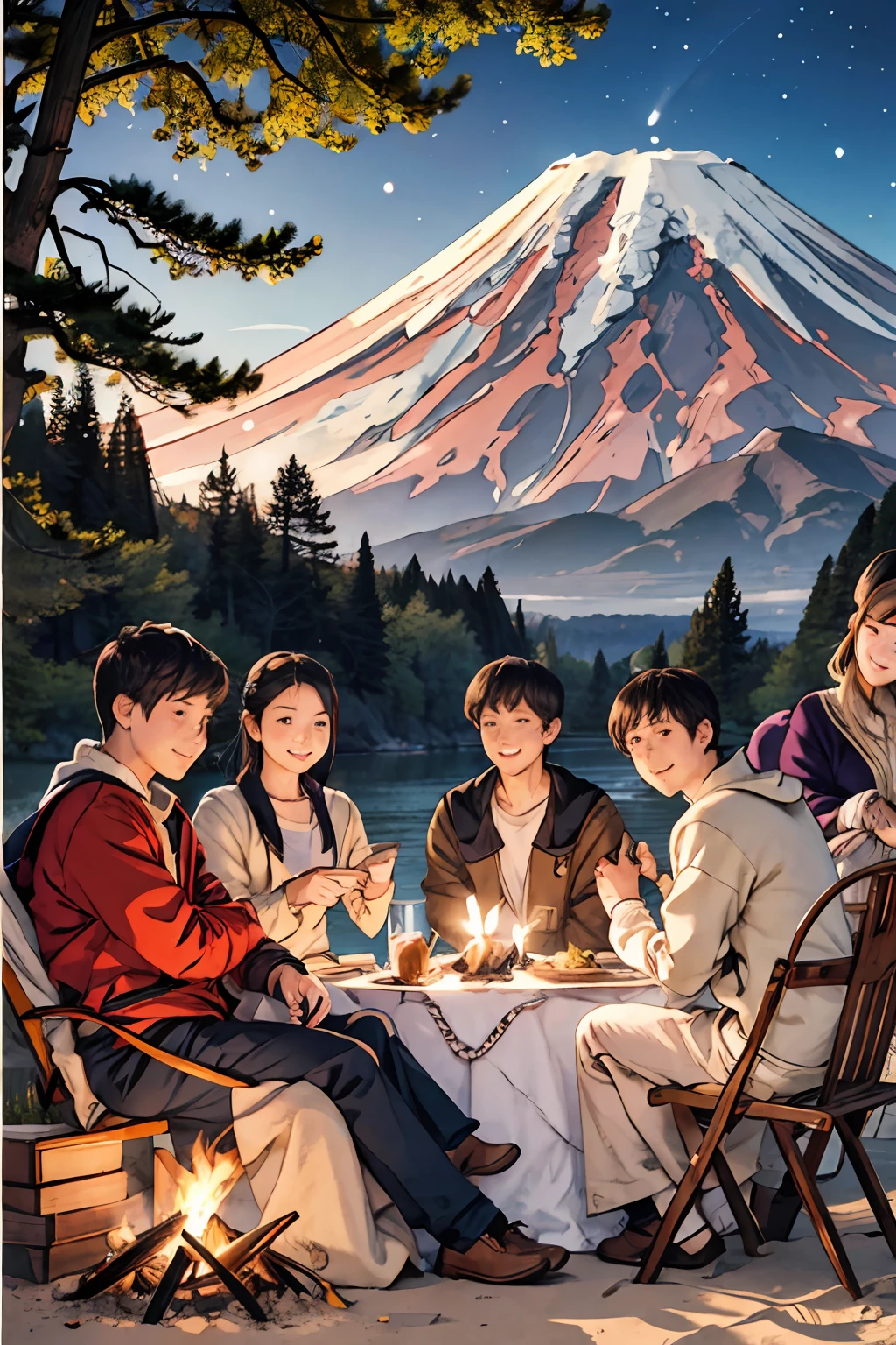 a group of young 3girls and 3boys camping near a lake with Mount Fuji and snow in the background, full moon, moonlight, bonfire, tent, lamp, smile, girls and boys around bonfire, drinking from mugs, looking at viewer, best quality, high resolution, extremely detailed, professional, illustration, trending on pixiv, masterpiece, cinematic lighting, anime art style,