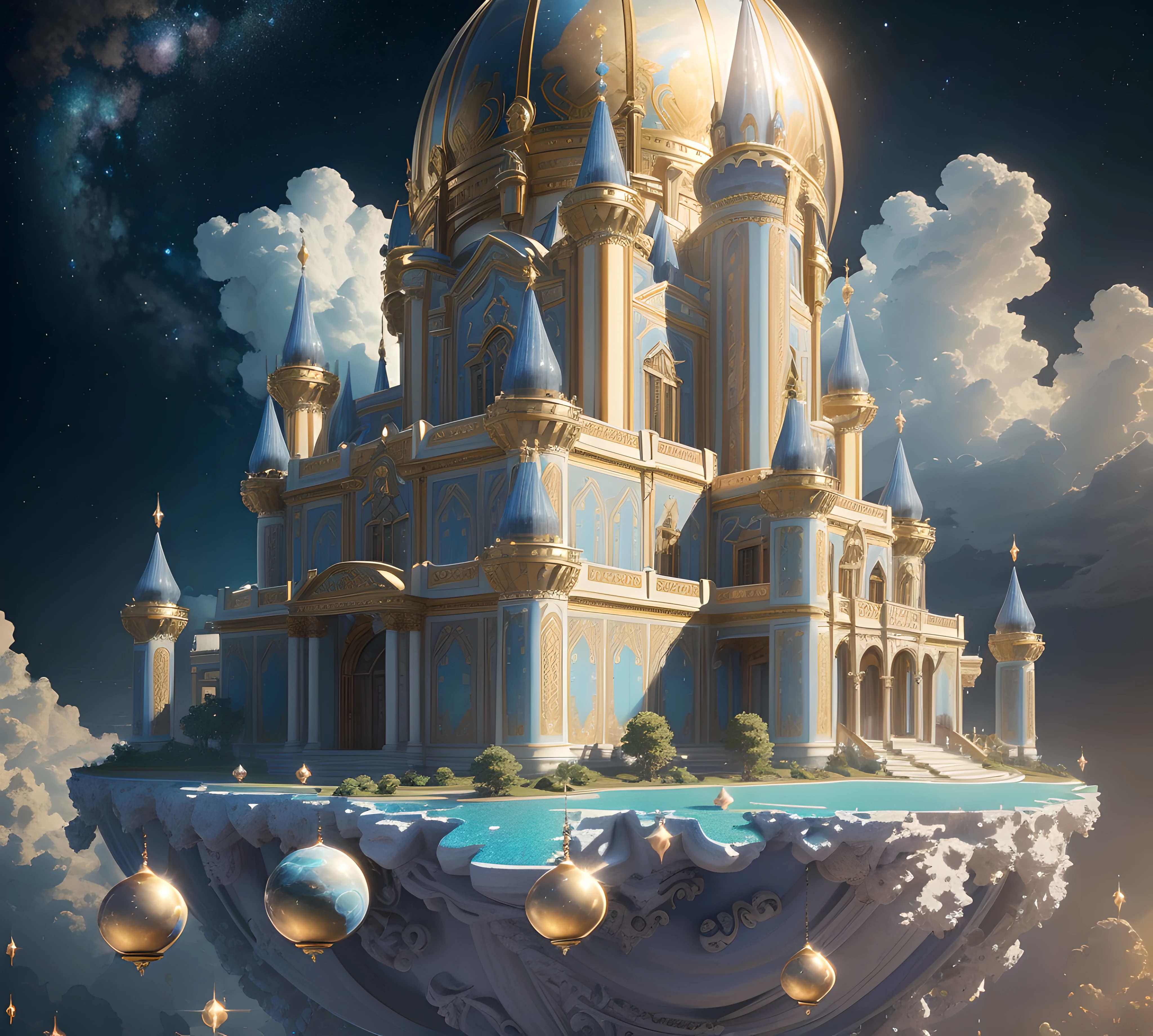 Best quality, masterpiece, photorealistic, (high resolution CGI artwork 8k), create a architectural masterpiece of an opulent celestial castle floating in the sky, the color scheme is ethereal in holographic reflective pale blue, golds, and blue marble, ornate, high-resolution, 3D-rendered masterpiece of digital art, heavenly, dreamy glimmer