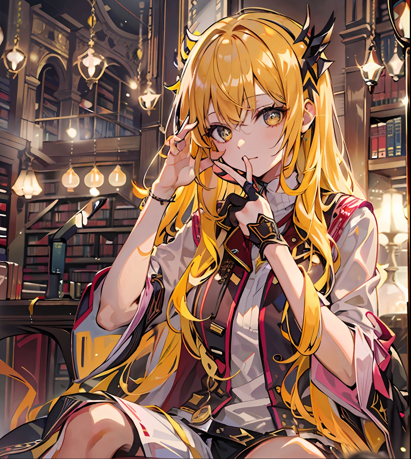 tmasterpiece,Best quality at best,Kizi,Solo,Yellow hair,libraryai,Sit Pose,sideface,ray of lights,warm,Smoky eyes