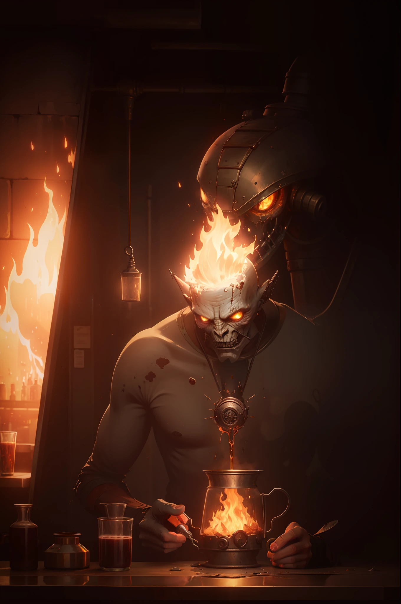 Rusty old kettle on fire, Electroplated metal, Broken glass, A touch of wine, An alien sits drinking milk in a bar, 8K poster, llustration, concept-art